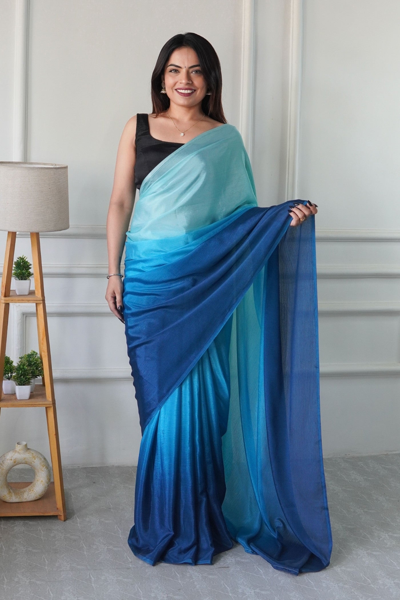 Buy MySilkLove Bismark Blue Chinon Ready To Wear Saree Online