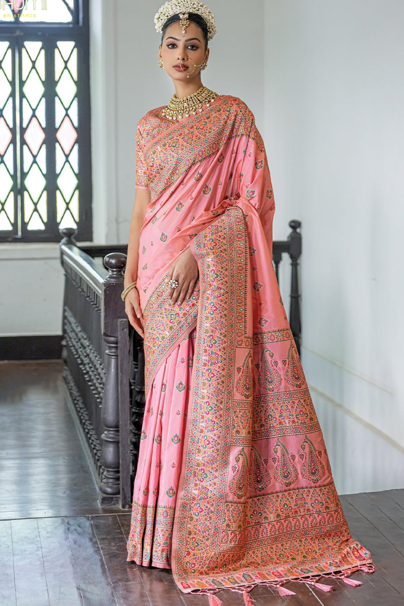 Buy MySilkLove Shimmer Peach Kashmiri Handloom Woven Silk Saree Online