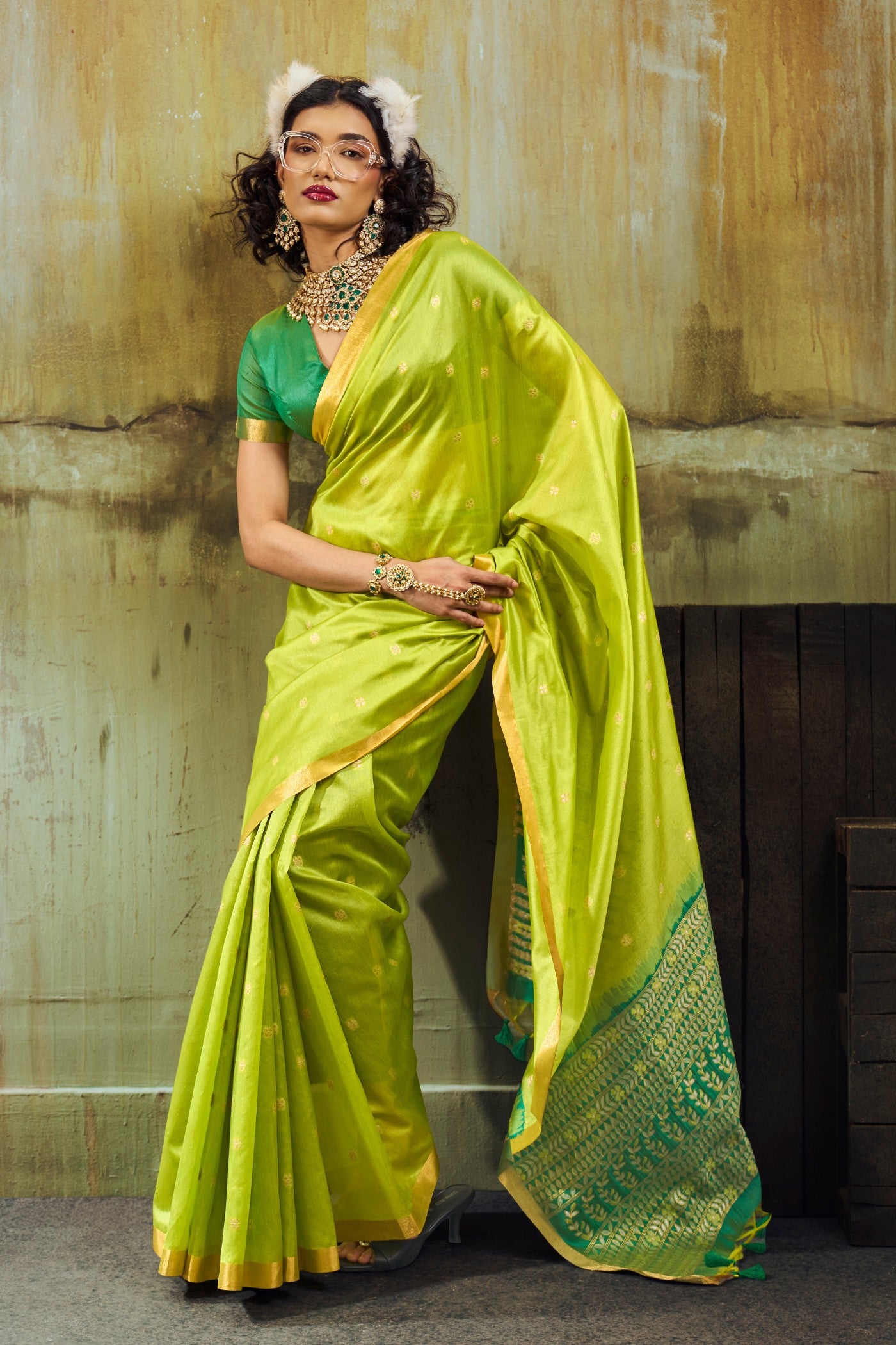 Buy MySilkLove Neon Green Tussar Handloom Silk Saree Online