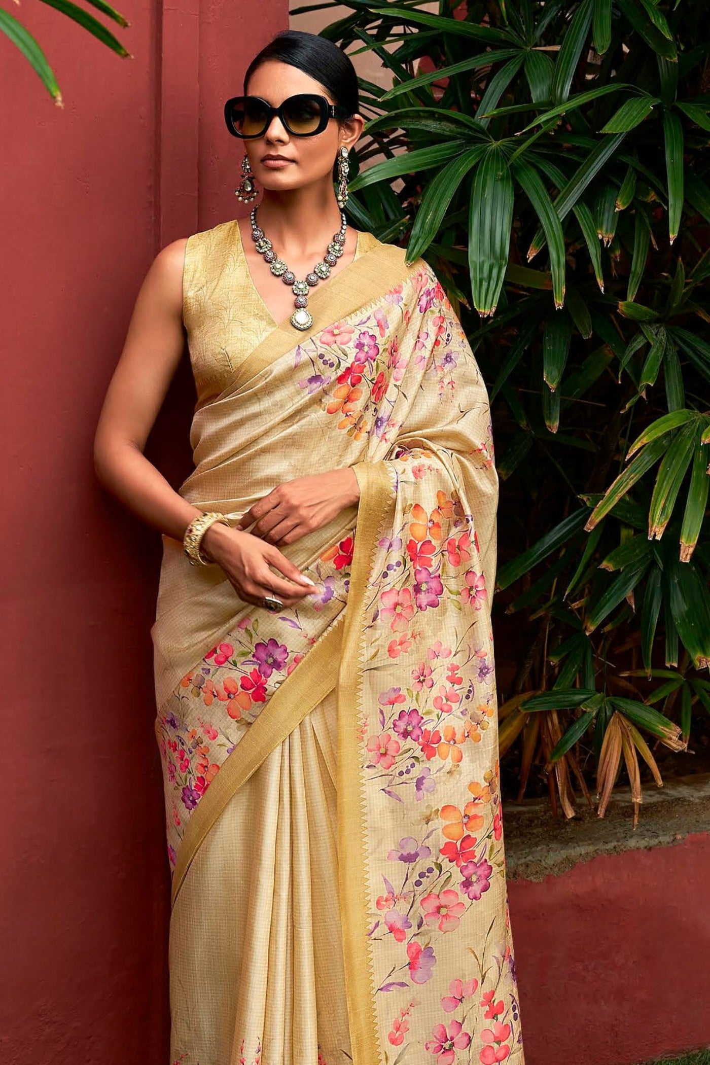 Buy MySilkLove Tussock Yellow Digital Printed Banarasi Saree Online