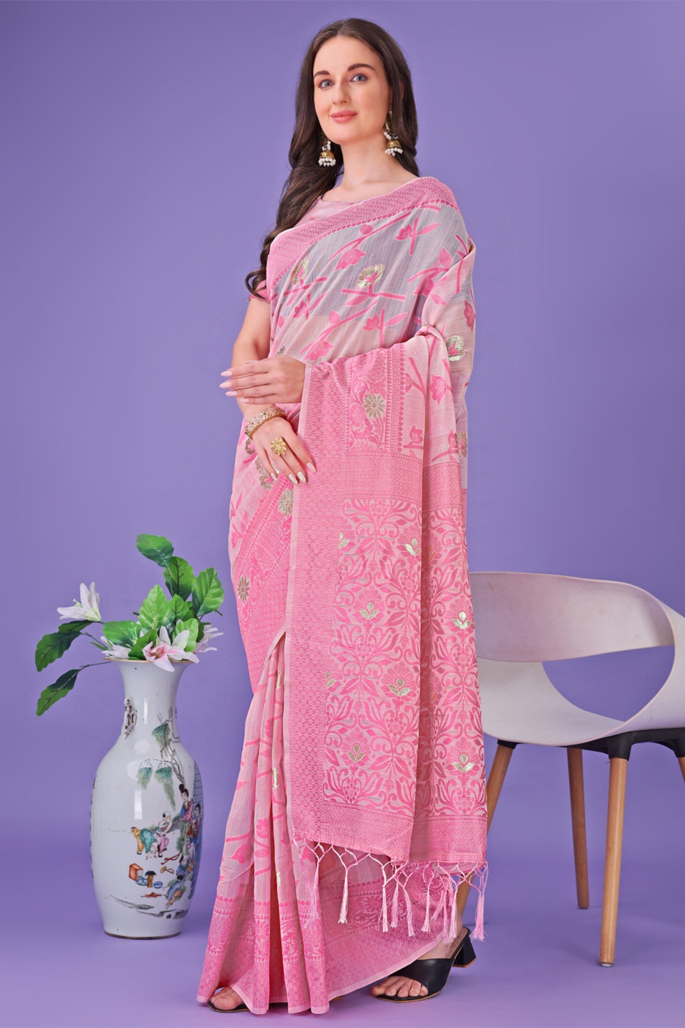Buy MySilkLove Baby Pink Linen Cotton Saree Online