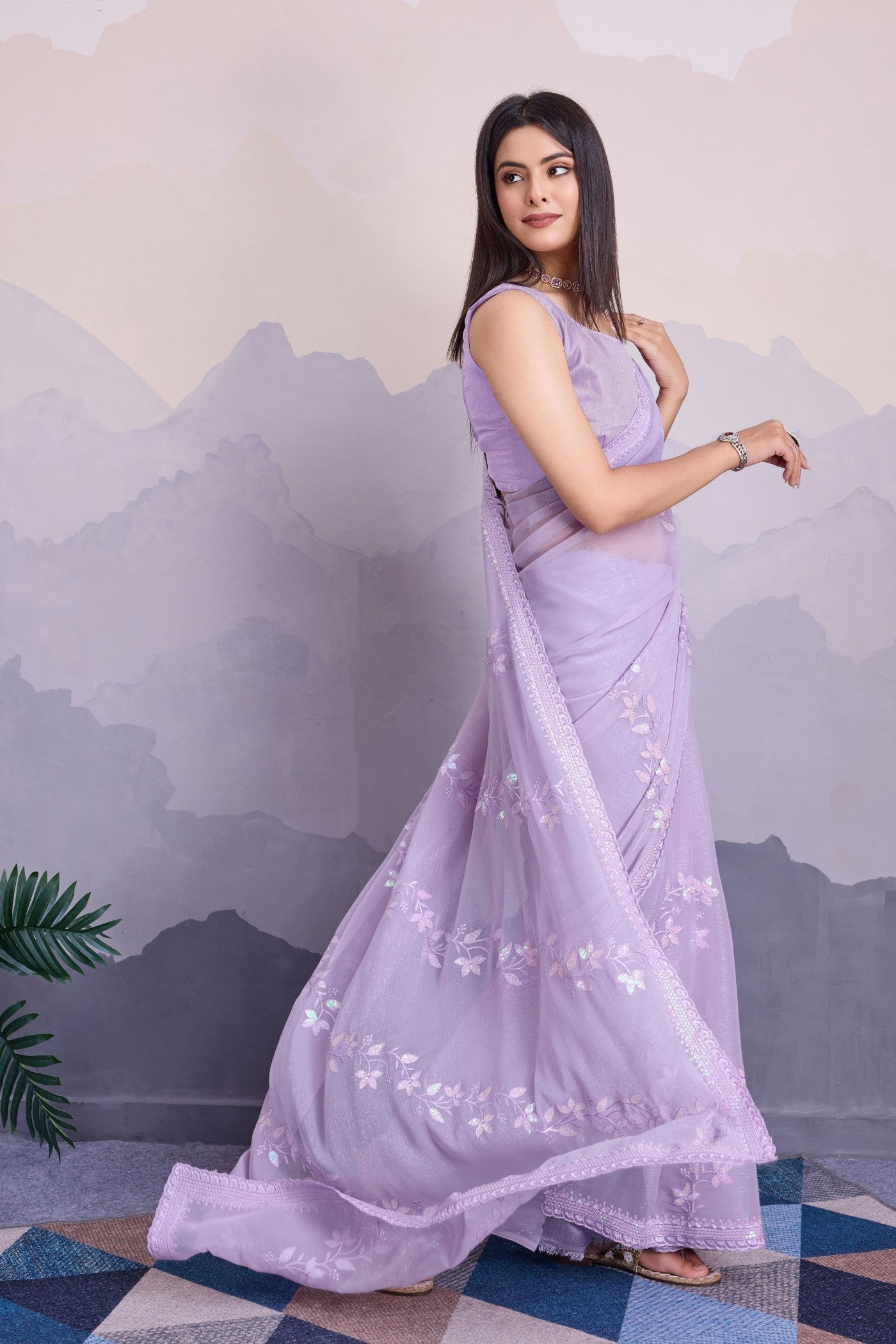 Buy MySilkLove Lavender Flower Embroidered Designer Chiffon Saree Online