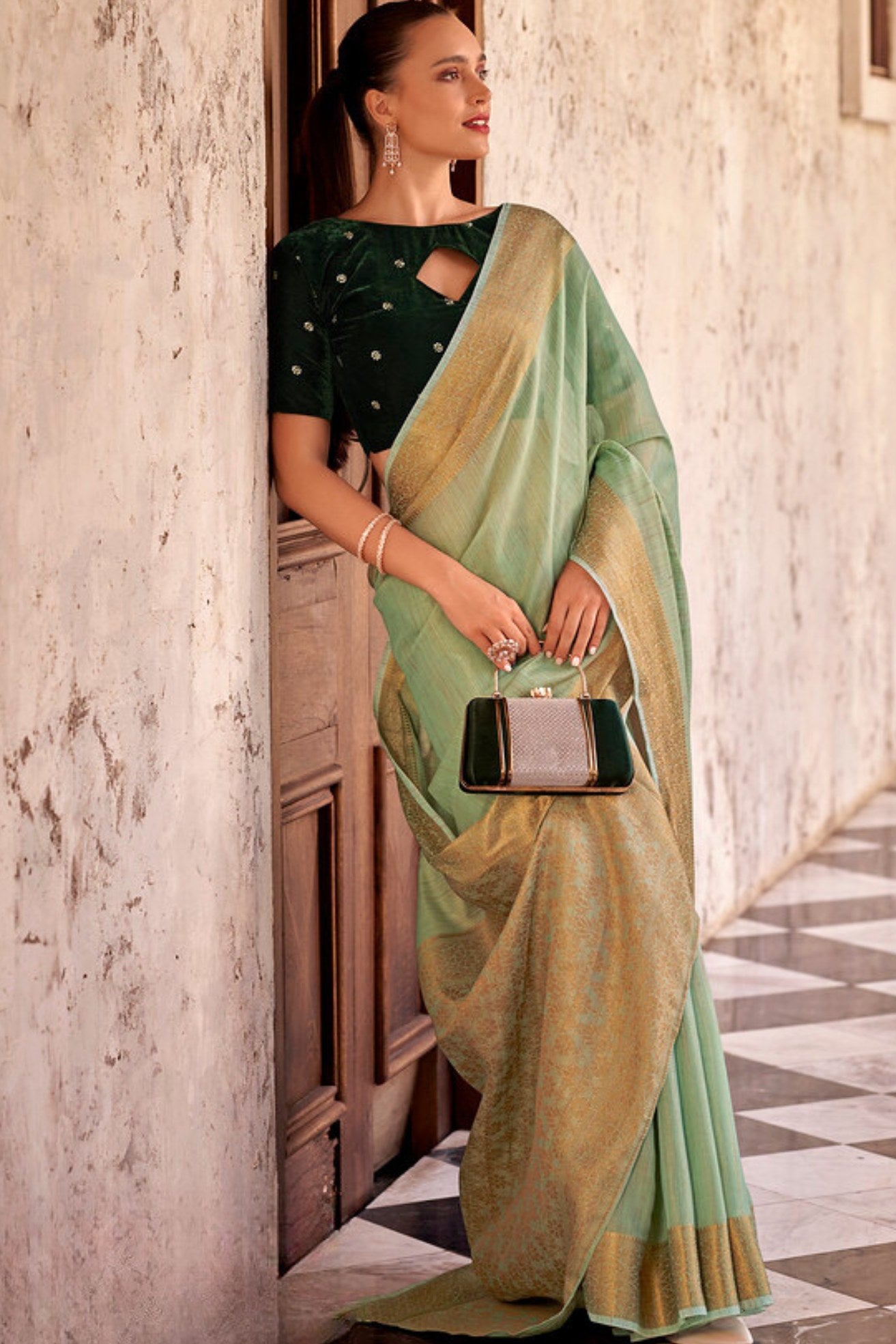 Buy MySilkLove Axolotl Green Zari Woven Linen Saree Online