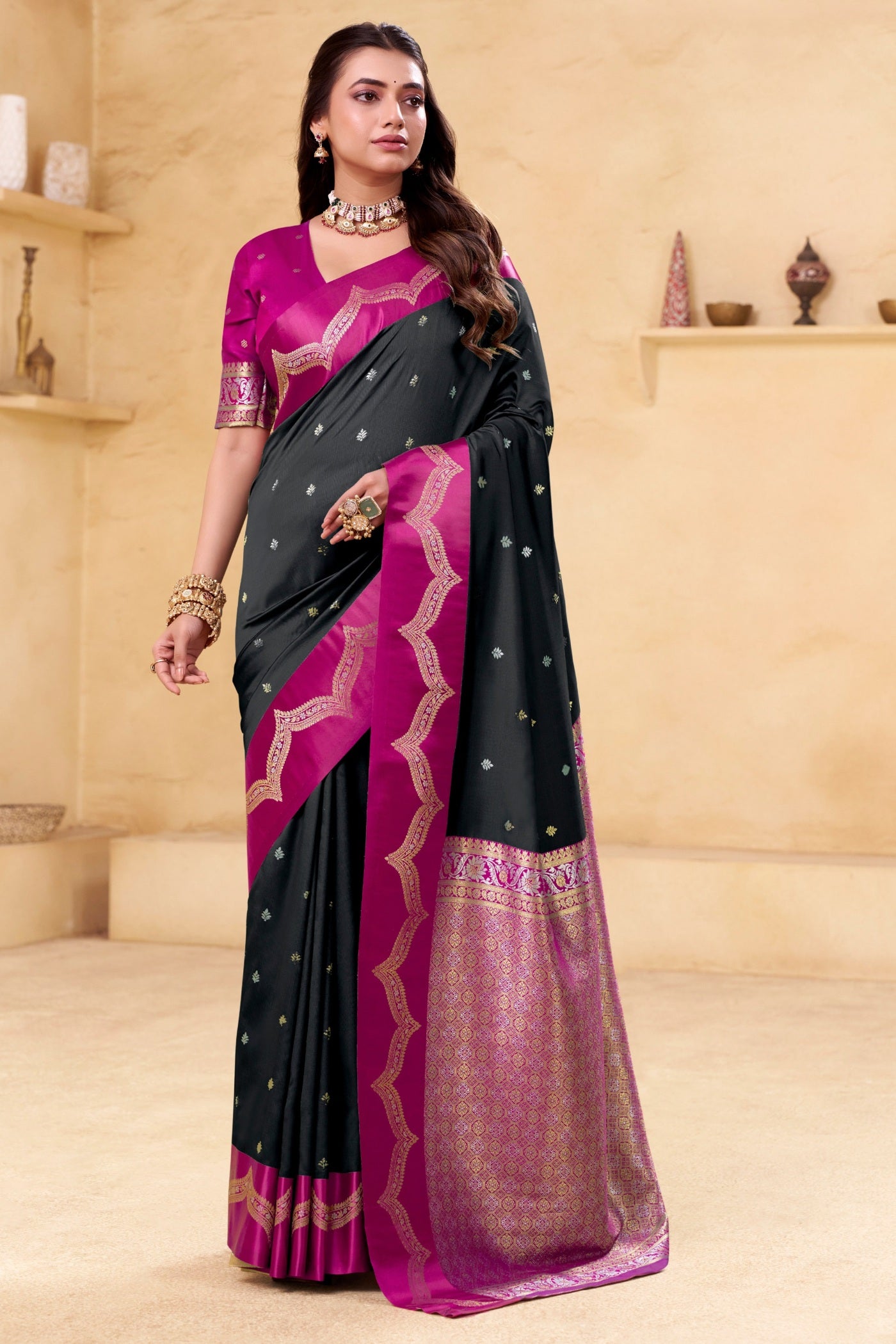 Buy MySilkLove Tuna Black Woven Banarasi Satin Soft Silk Saree Online