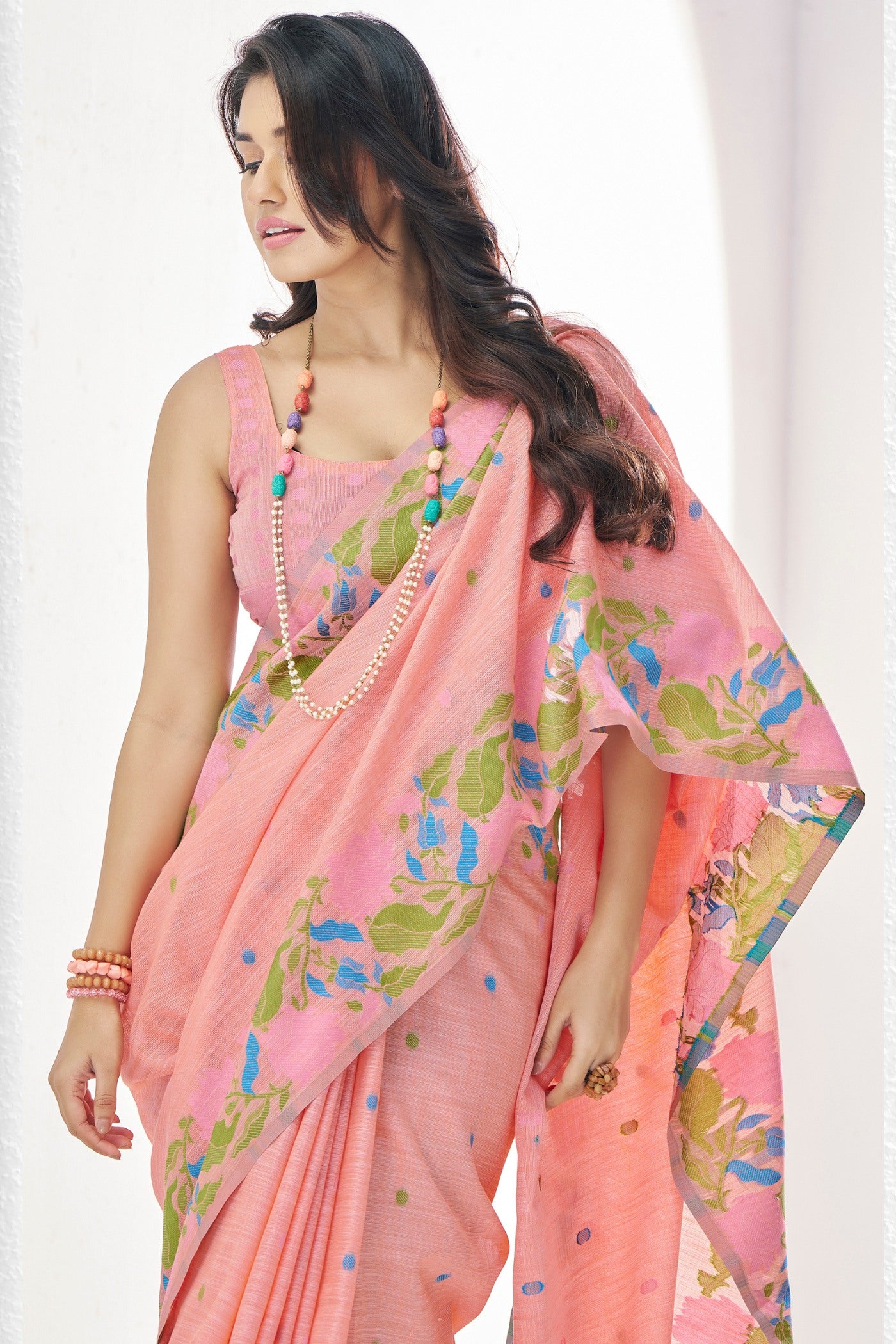 Buy MySilkLove Copper Peach Woven Linen Saree Online