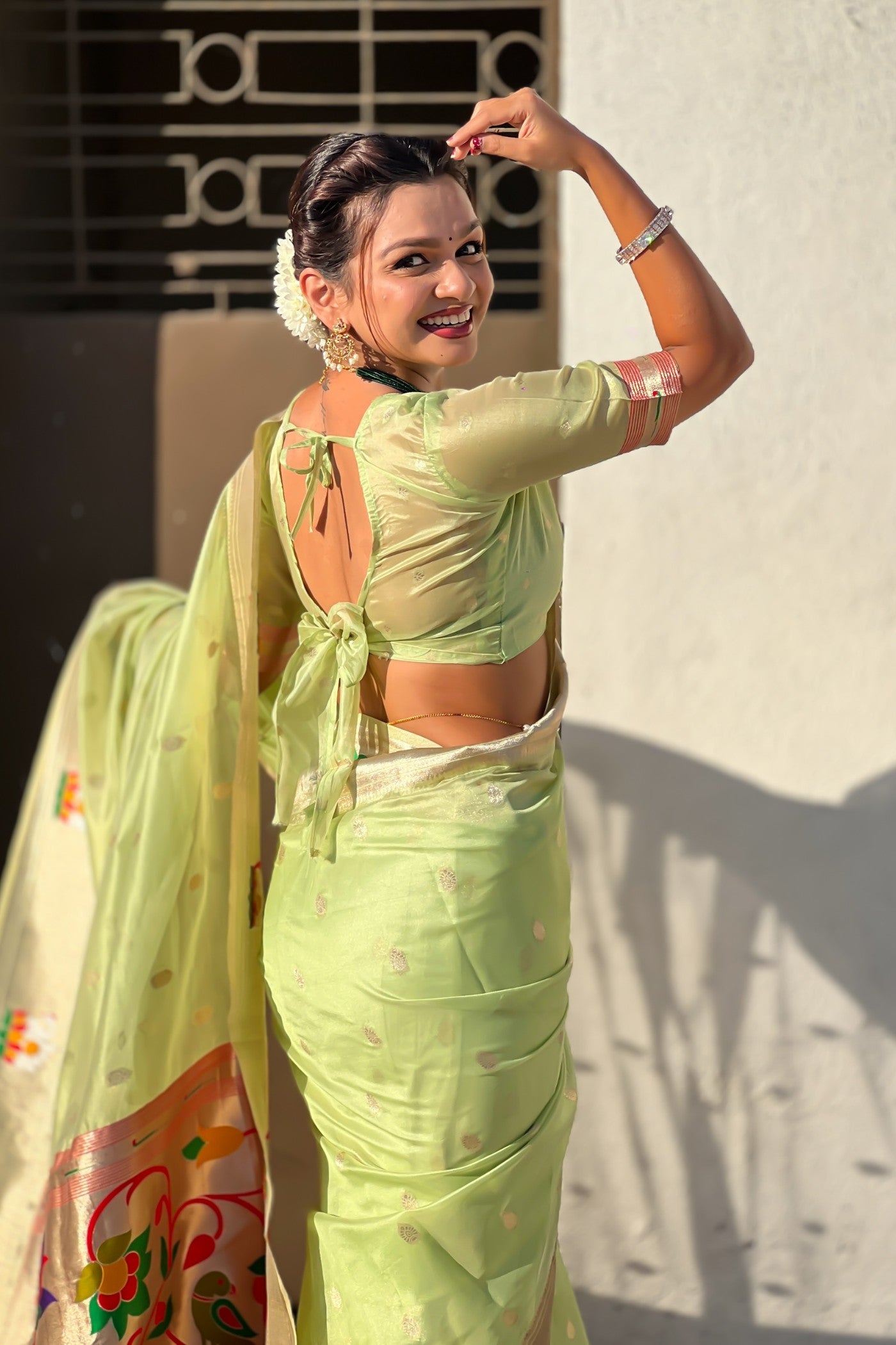 Buy MySilkLove Parrot Green Organza Woven Paithani Saree Online