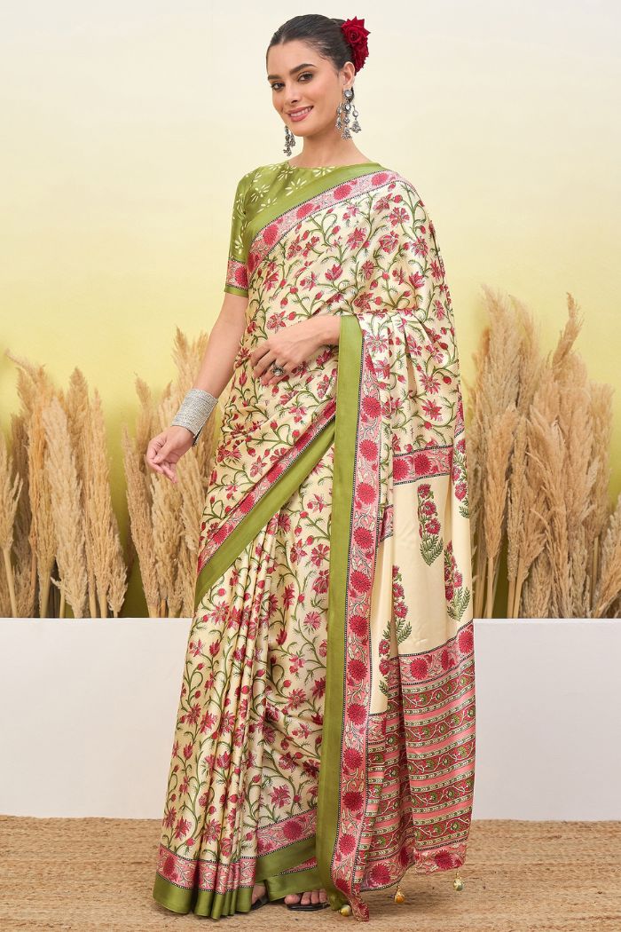 Buy MySilkLove Warm Cream Modal Satin Printed Silk Saree Online
