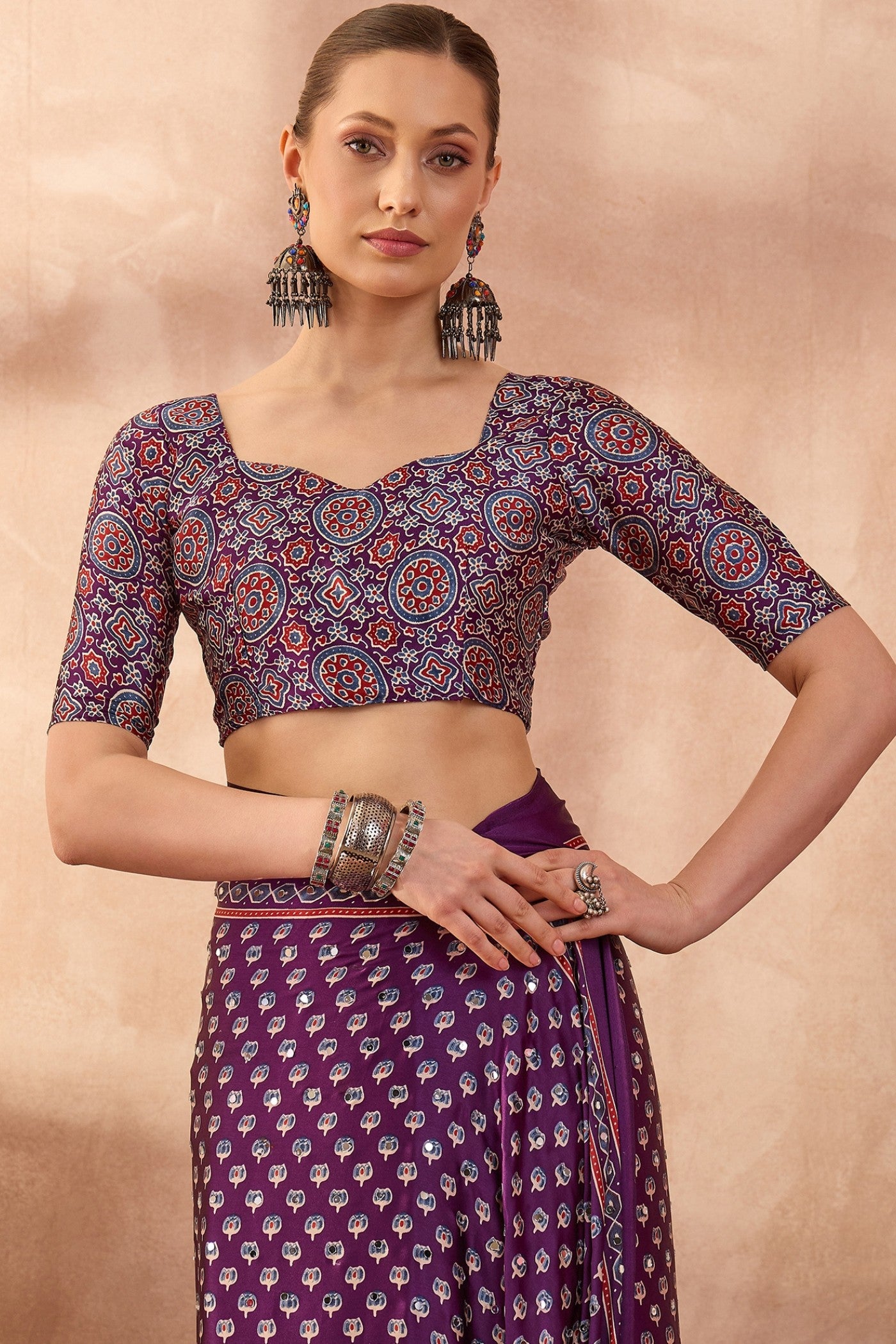 Buy MySilkLove Fuchsia Purple Modal Ajrakh Satin Printed Silk Saree Online