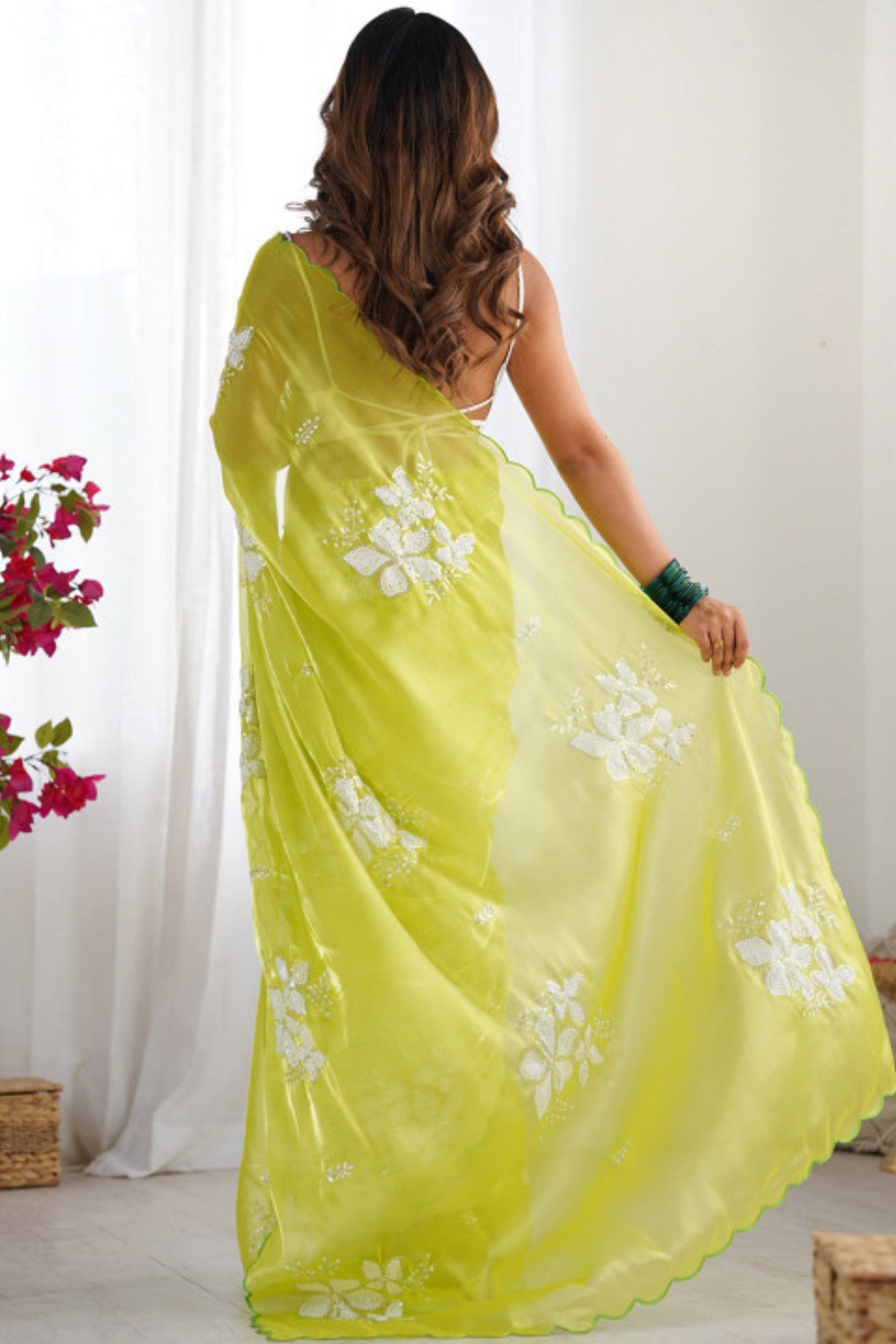 Buy MySilkLove Olive Yellow Floral Partywear Saree Online