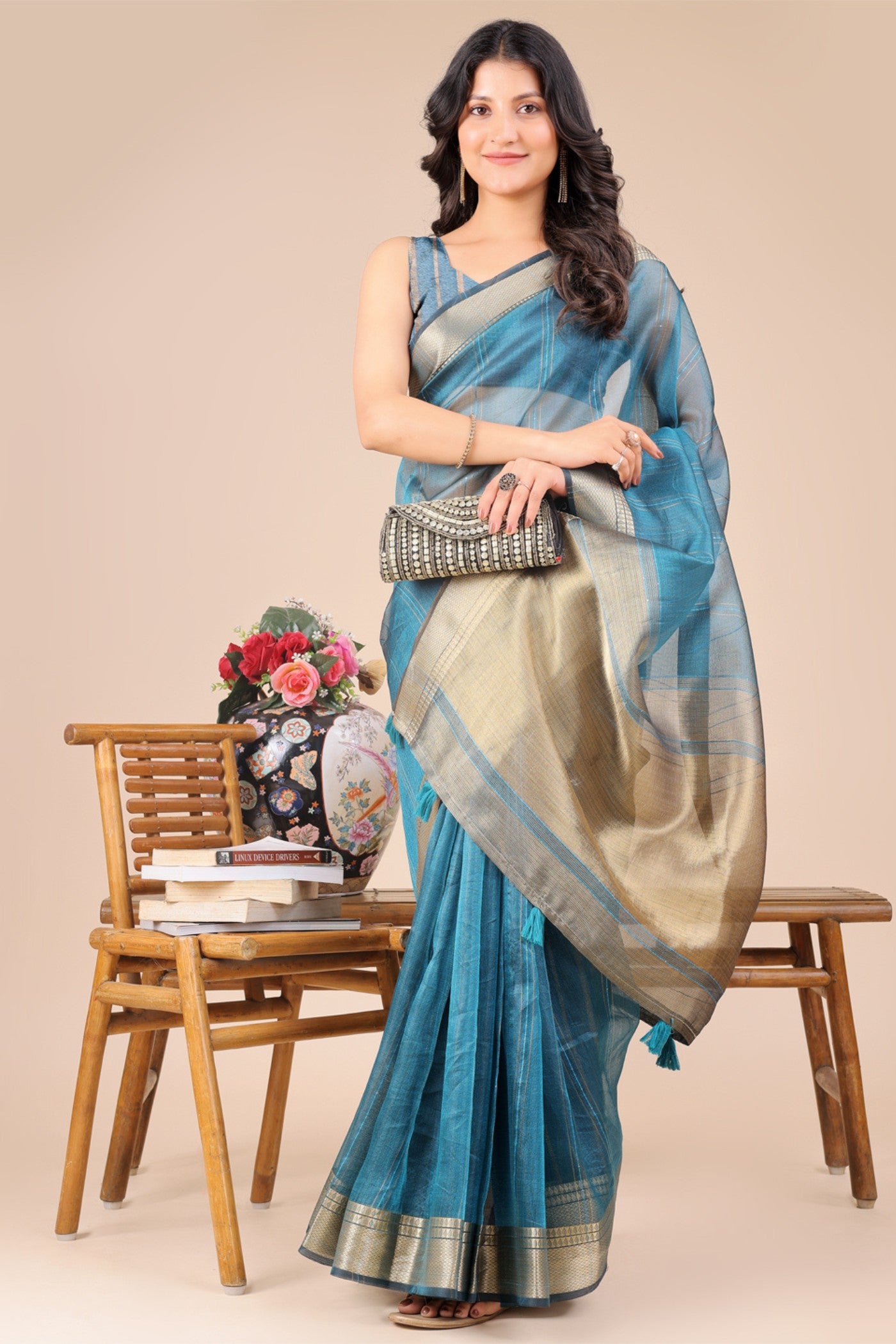 MySilkLove Maximum Blue Woven Organza Saree