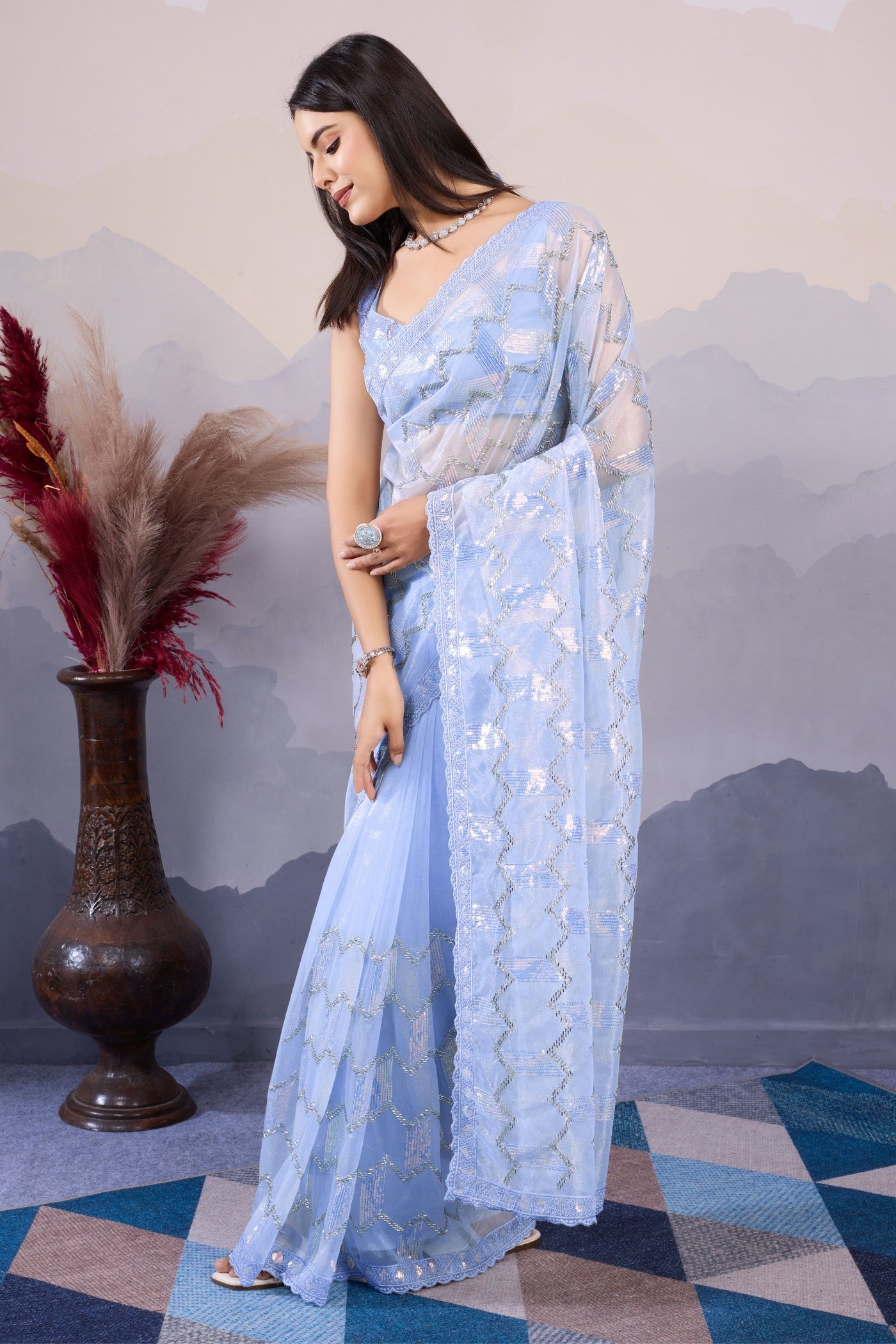 Buy MySilkLove Clematis Blue Designer Partywear Saree Online