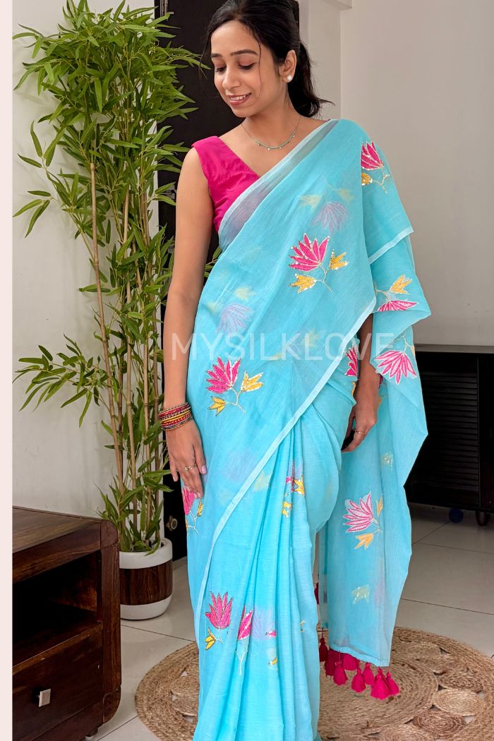Buy MySilkLove Ocean Blue Pure Mul Mul Cotton Lotus Sequin Work Saree Online