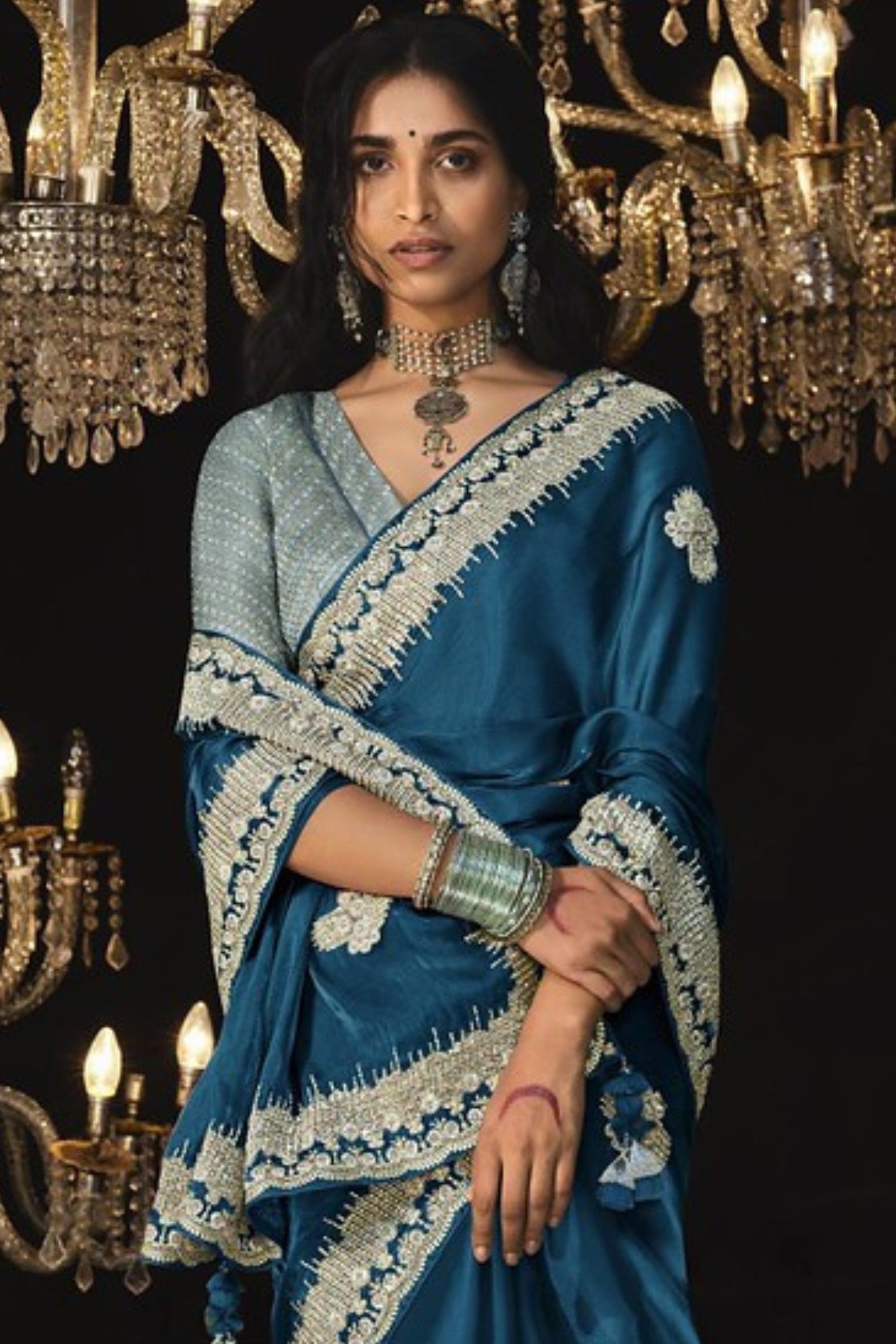 Buy MySilkLove Neon Blue Tissue Embroidered Designer Saree Online