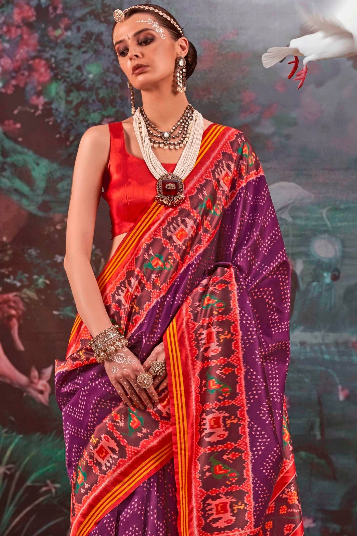 Buy MySilkLove Dark Jamun Purple Printed Patola Saree Online