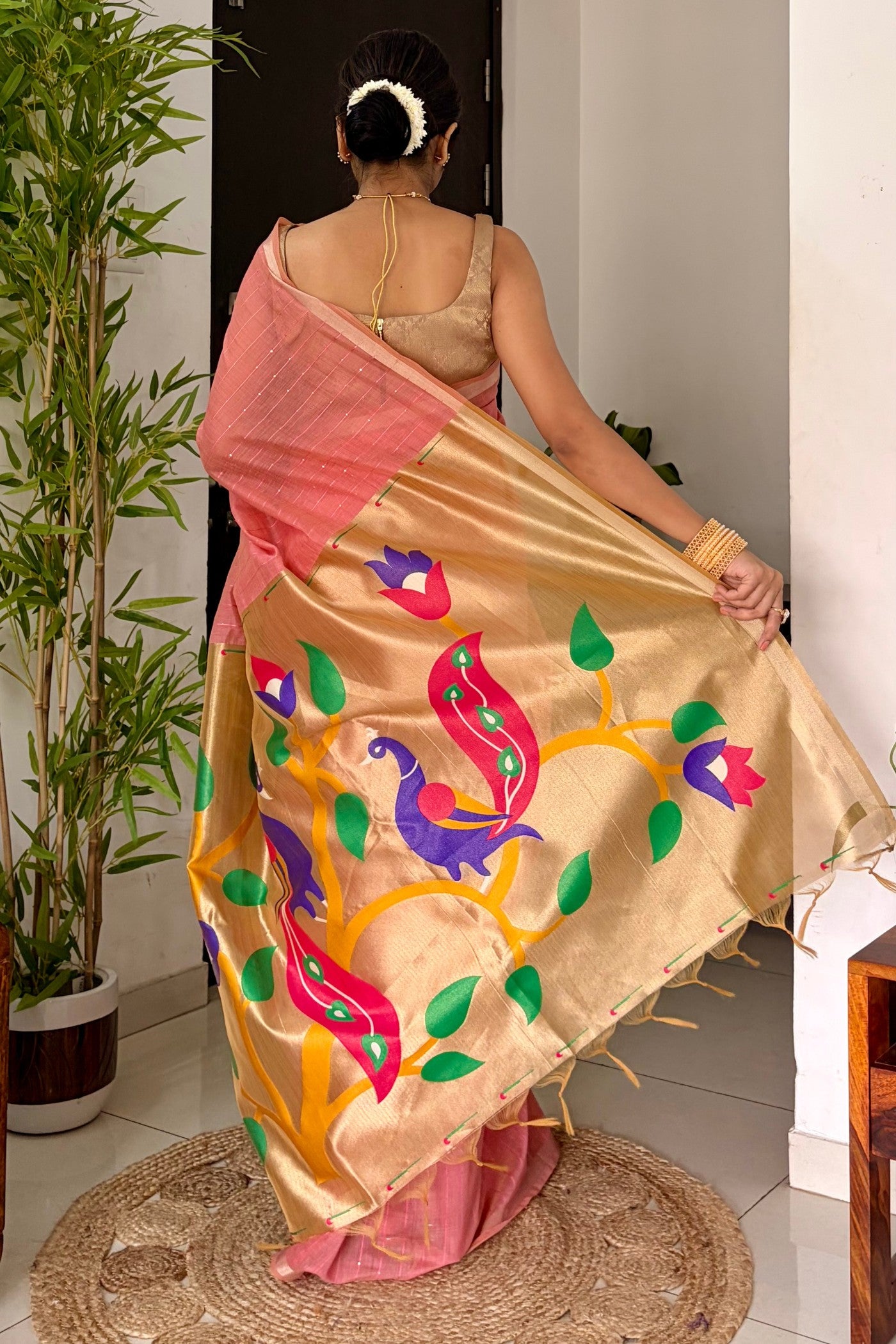Buy MySilkLove Froly Pink Jamdani Cotton Tissue Paithani Saree Online