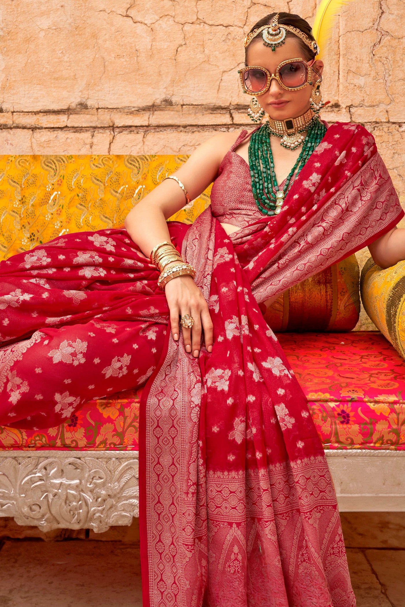 Buy MySilkLove Thunderbird Red Zari Woven Georgette Saree Online