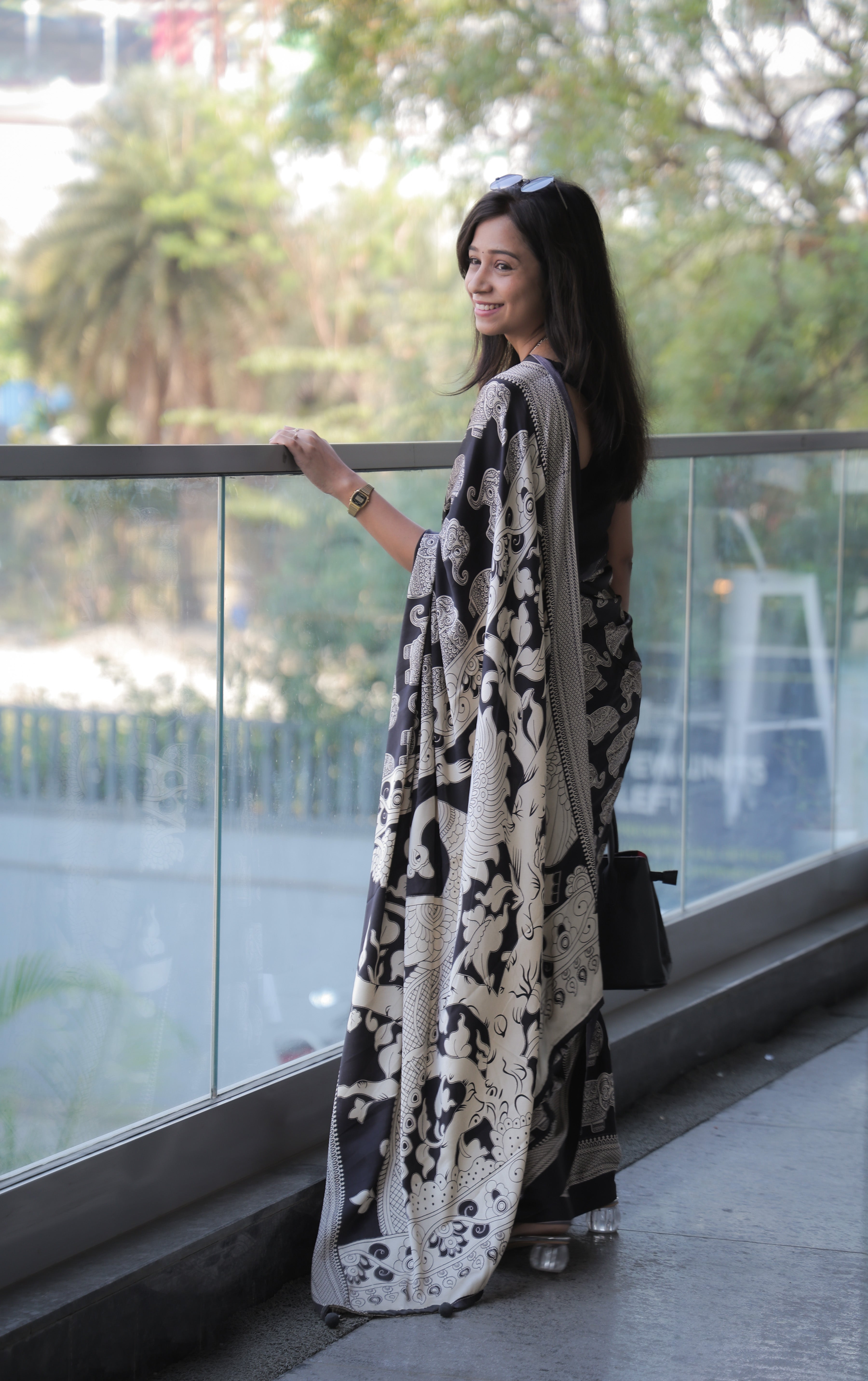 Buy MySilkLove Neutral Black Ajrakh Printed Satin Crepe Silk Saree Online