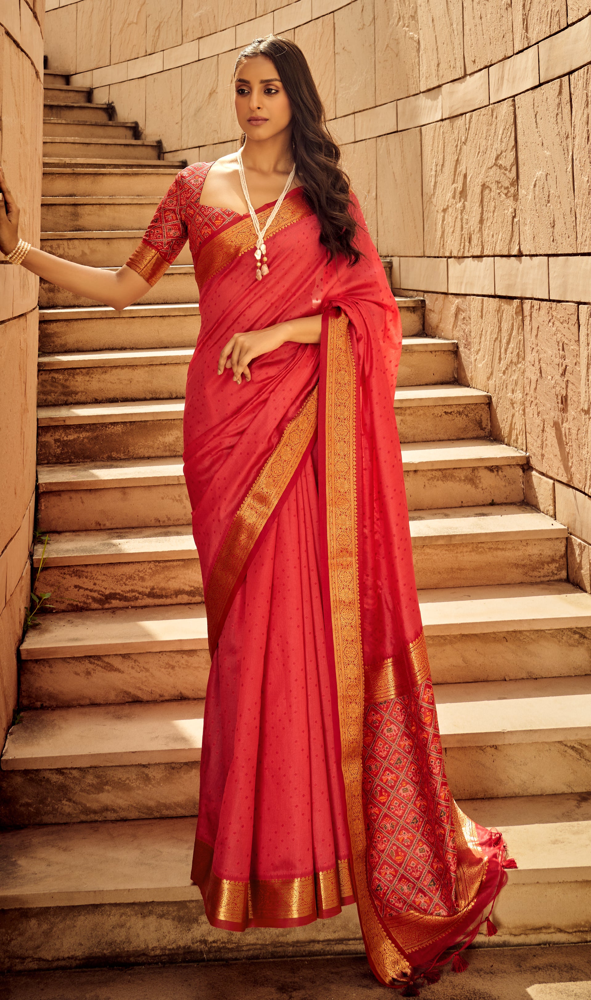 Semi Banarasi Saree, Weaving Silk Saree, Lehariya Saree, Red Indian Saree With Blouse, Fine Quality Saree sold