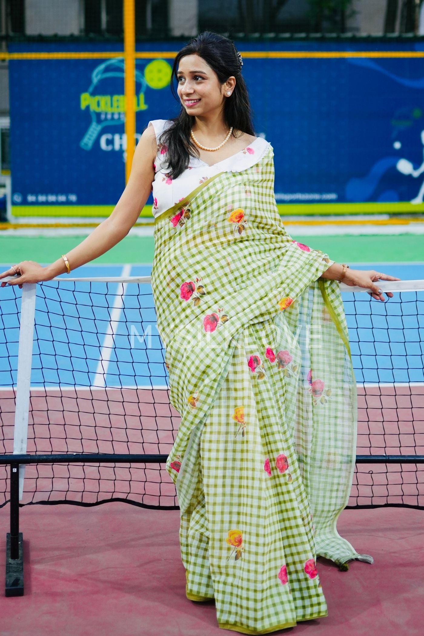 Buy MySilkLove Apple Green Soft Linen Cotton Printed Saree Online