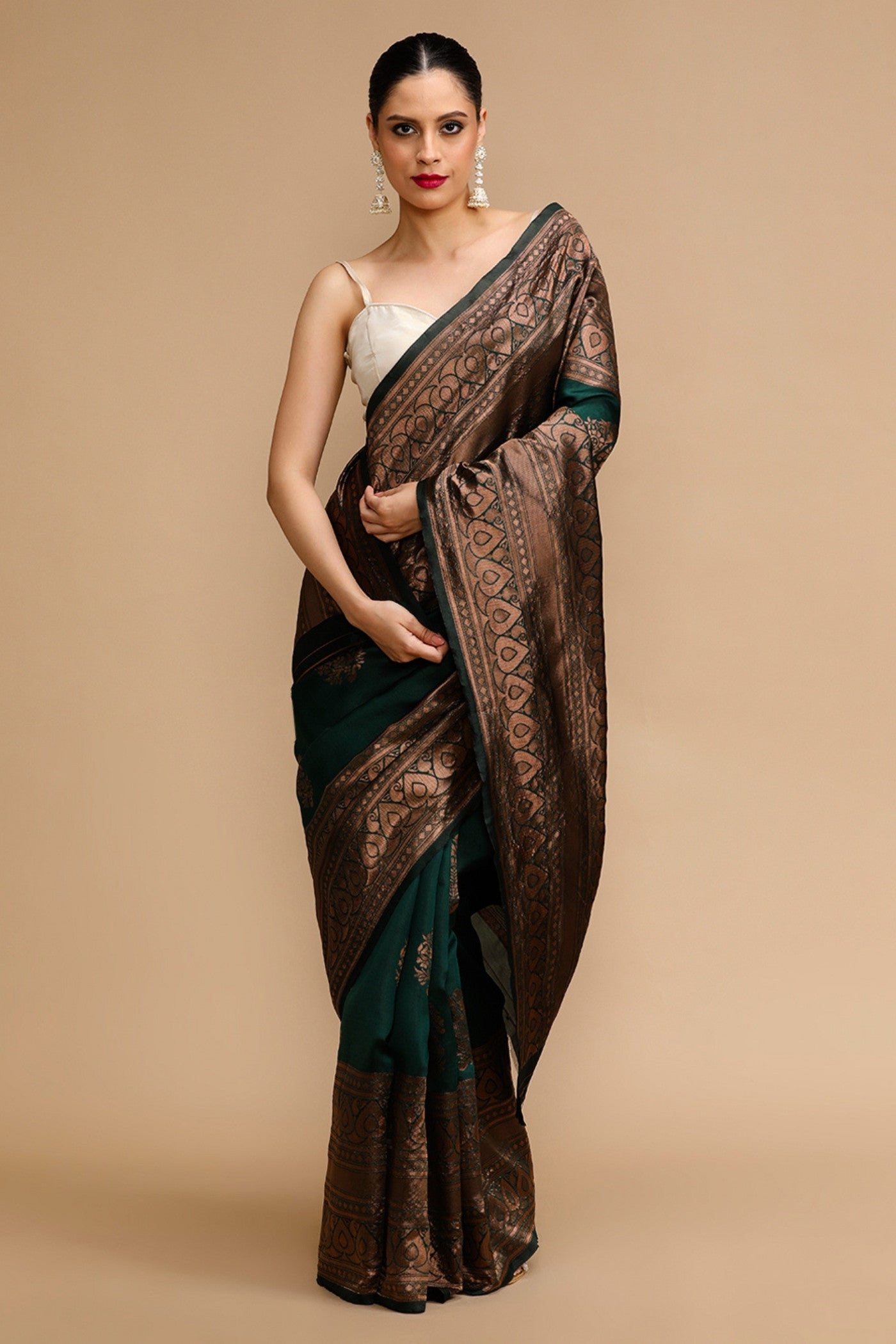 Buy MySilkLove Copper Green Woven Jacquard Lichi Silk Saree Online