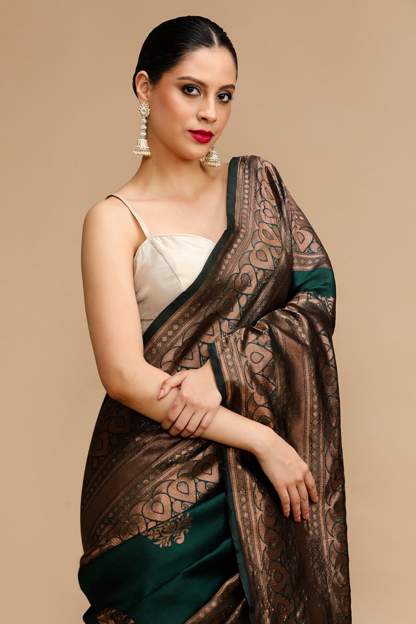 MySilkLove Copper Green Woven Jacquard Lichi Silk Saree