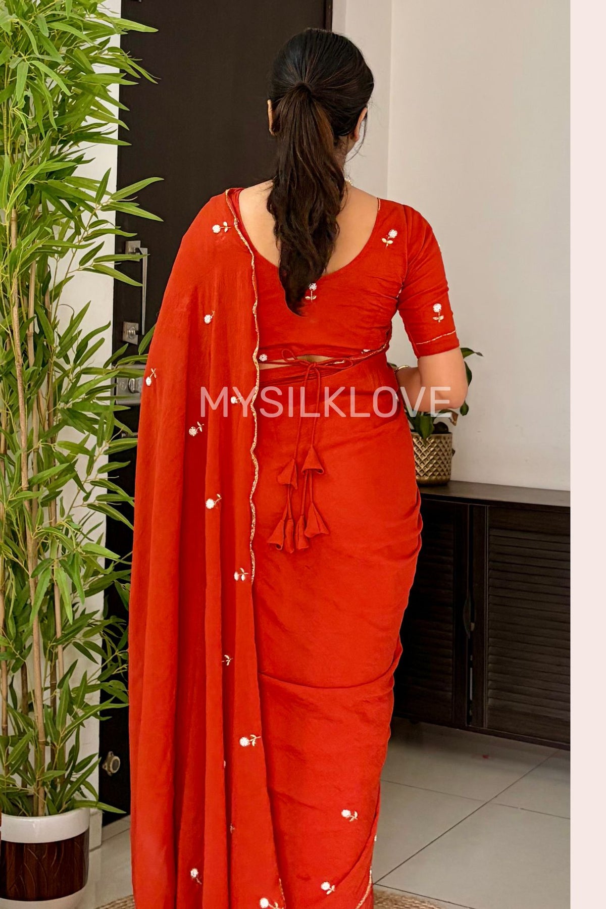 Buy MySilkLove Burnt Orange Georgette Floral Sequins Bid Work Saree Online