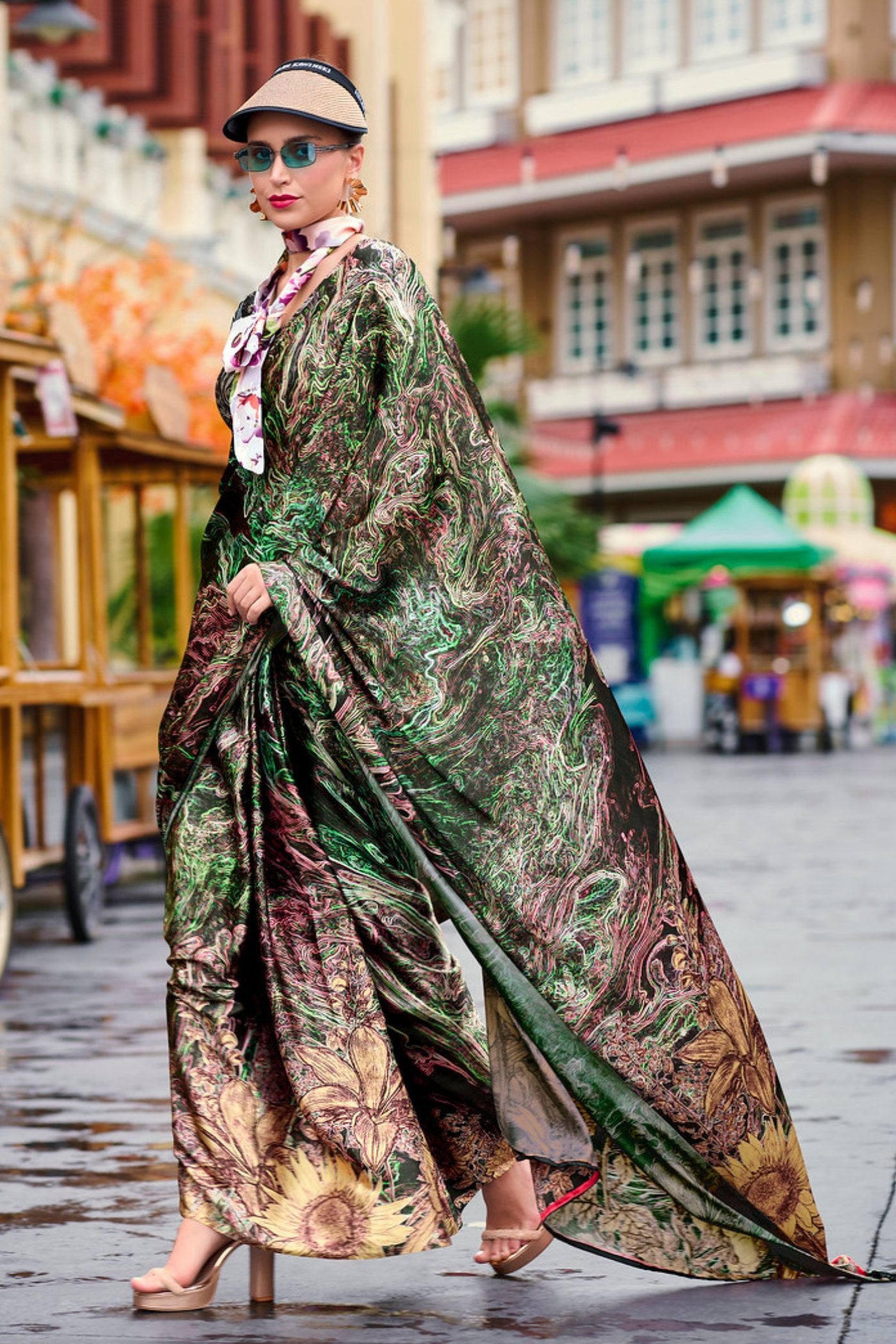 Buy MySilkLove Axolotl Green Printed Satin Crepe Silk Saree Online