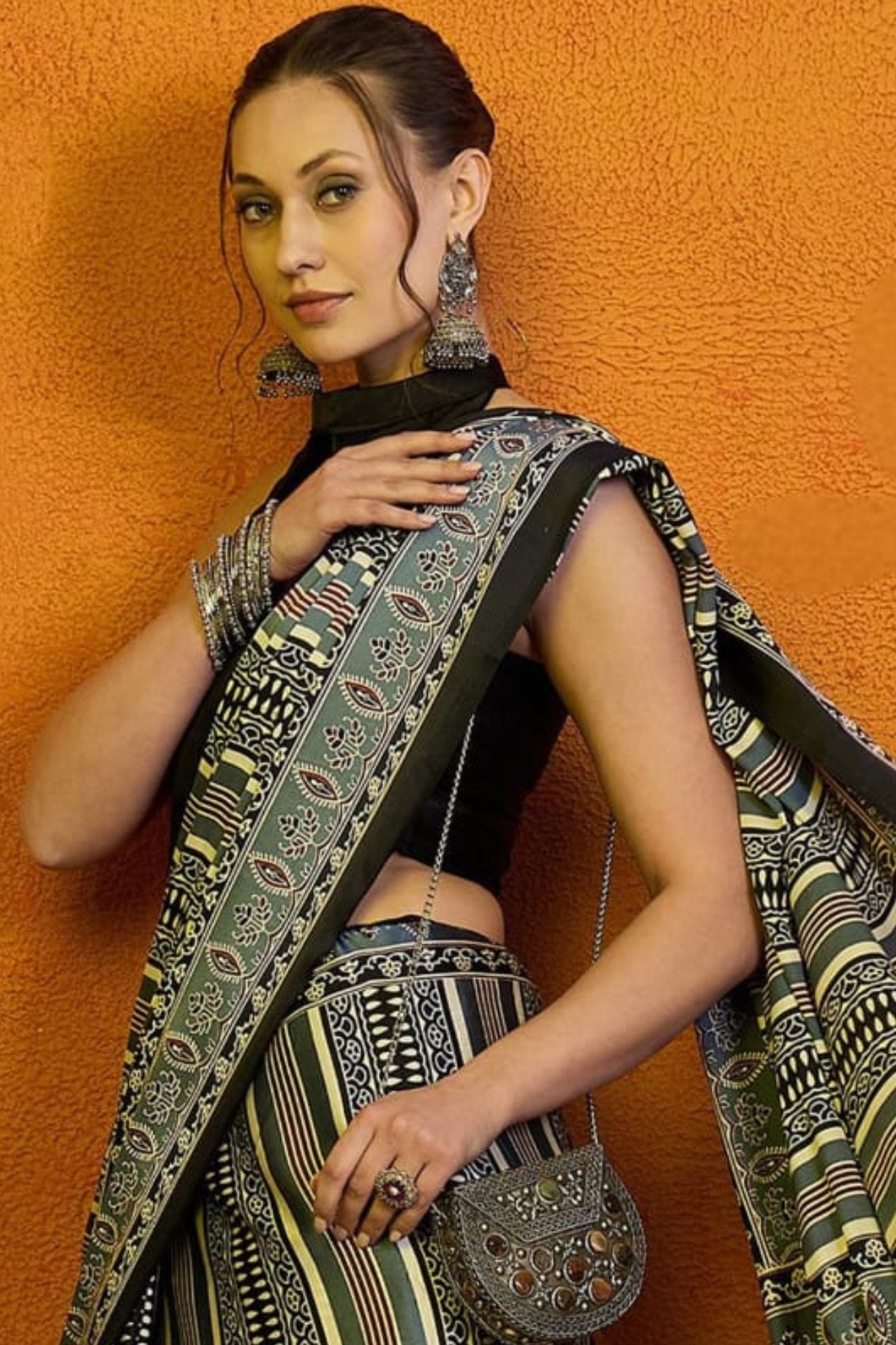 Buy MySilkLove Birch Grey Printed Ajrakh Satin Crepe Saree Online