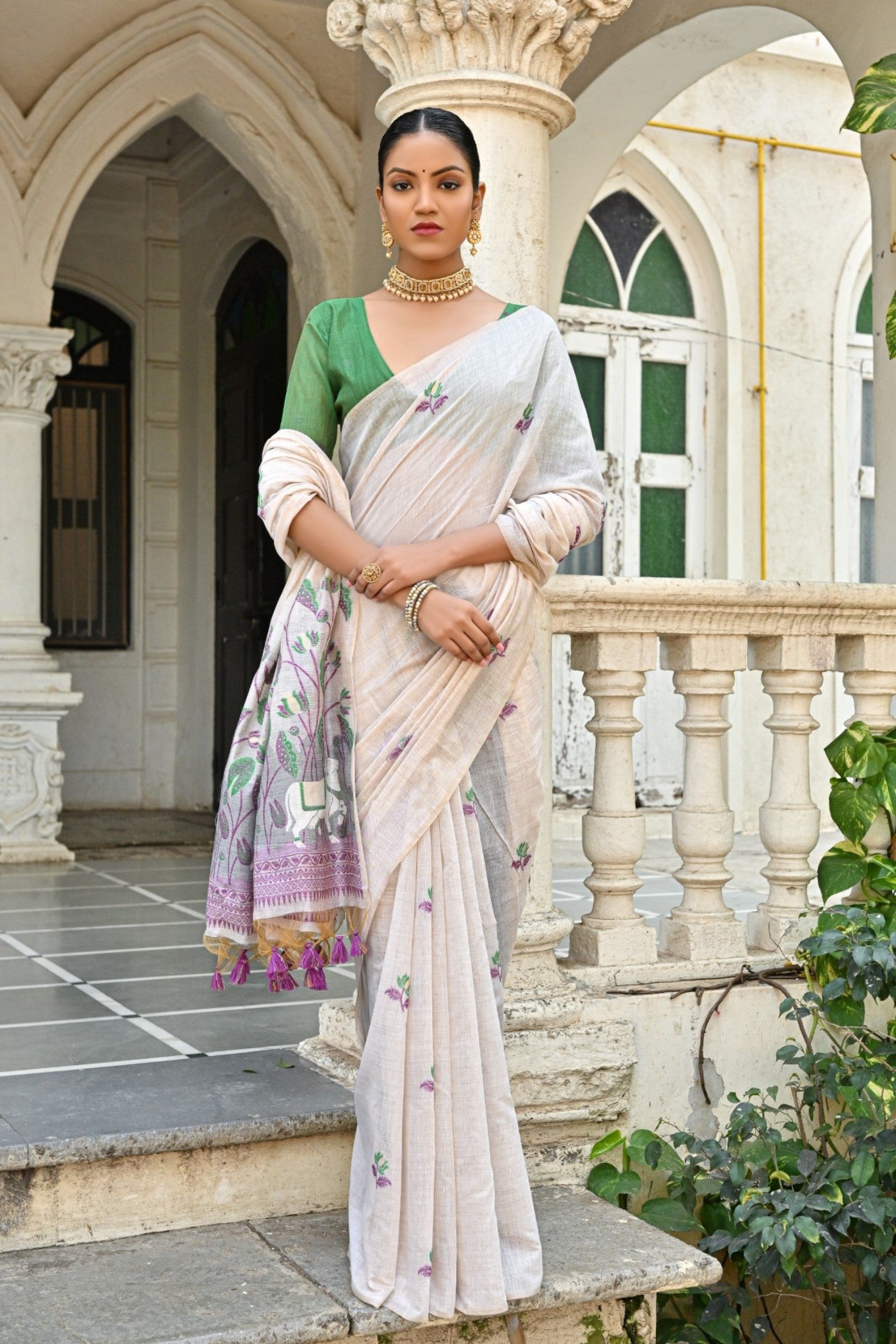 Buy MySilkLove Soapstone White and Green Muga Cotton Saree Online