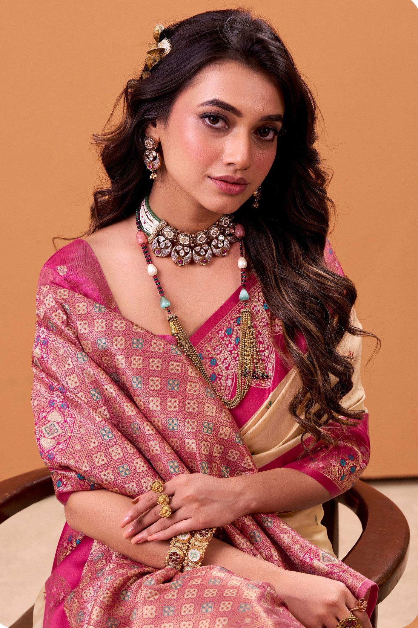 MySilkLove Almond Cream Woven Satin Soft Silk Saree