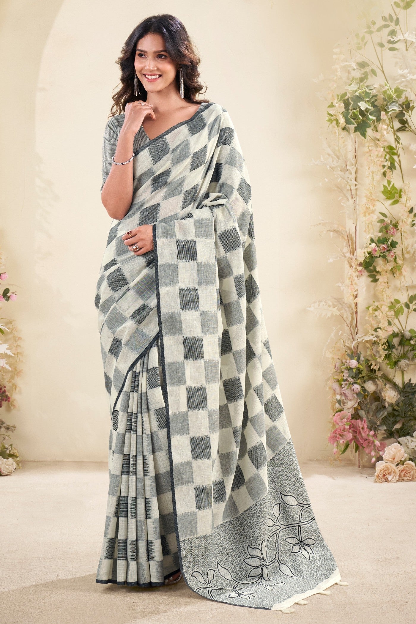 Buy MySilkLove Bone White and Grey Woven Linen Saree Online