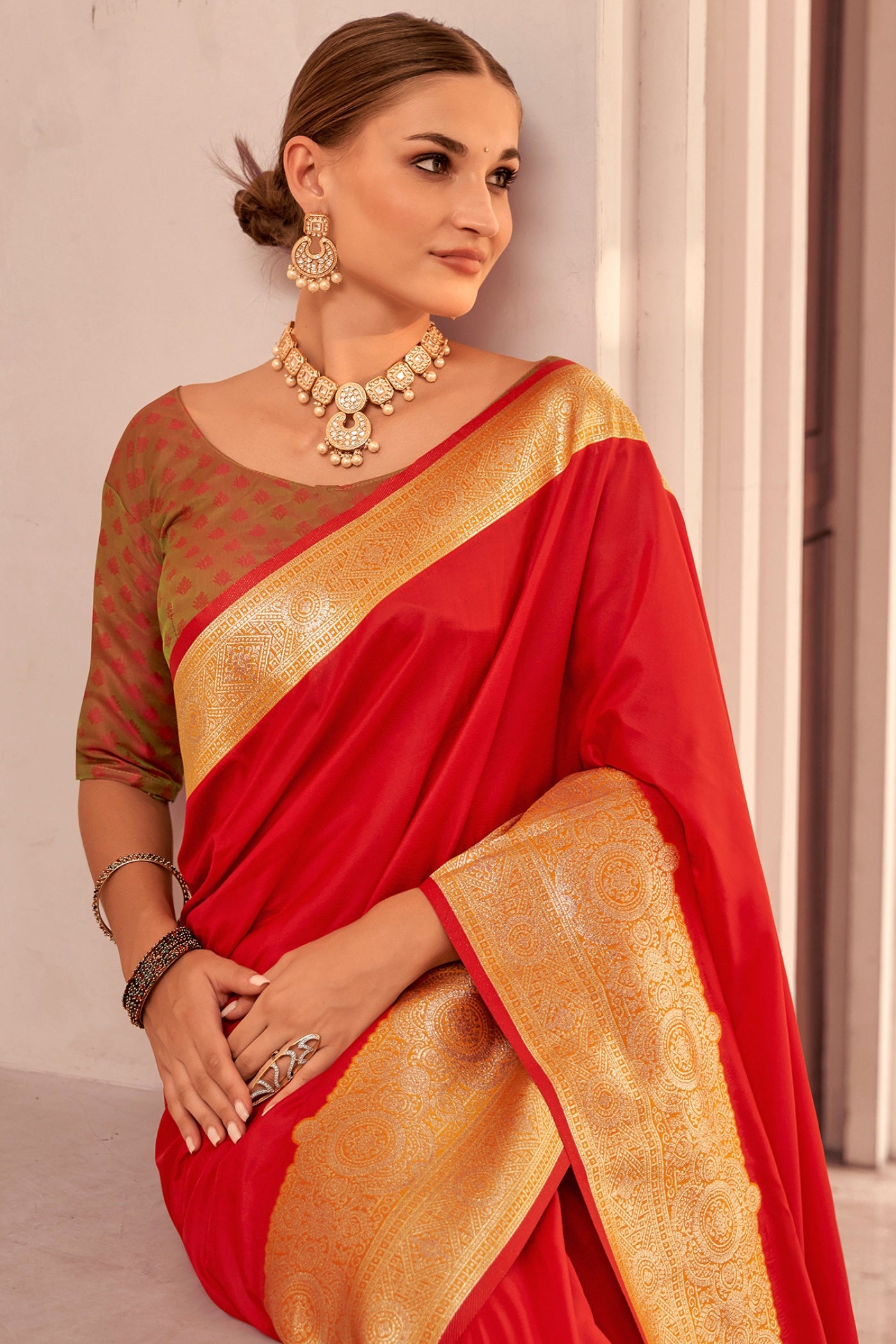 Buy MySilkLove Fire Red Woven Banarasi Soft Silk Saree Online