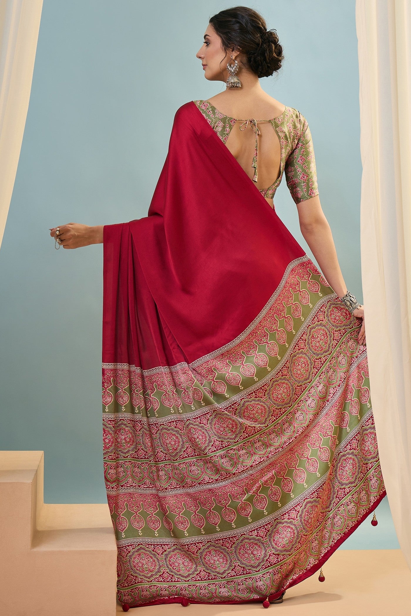 Buy MySilkLove Lumen Red Ajrakh Printed Satin Crepe Silk Saree Online