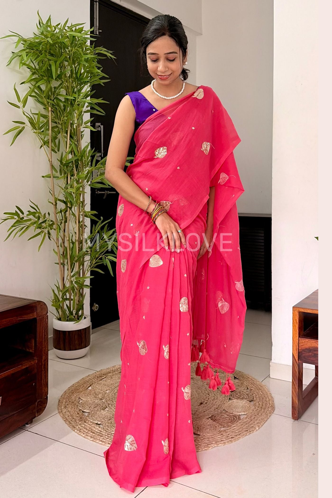 Buy MySilkLove Charm Pink Pure Mul Mul Cotton Leaf Sequin Work Saree Online