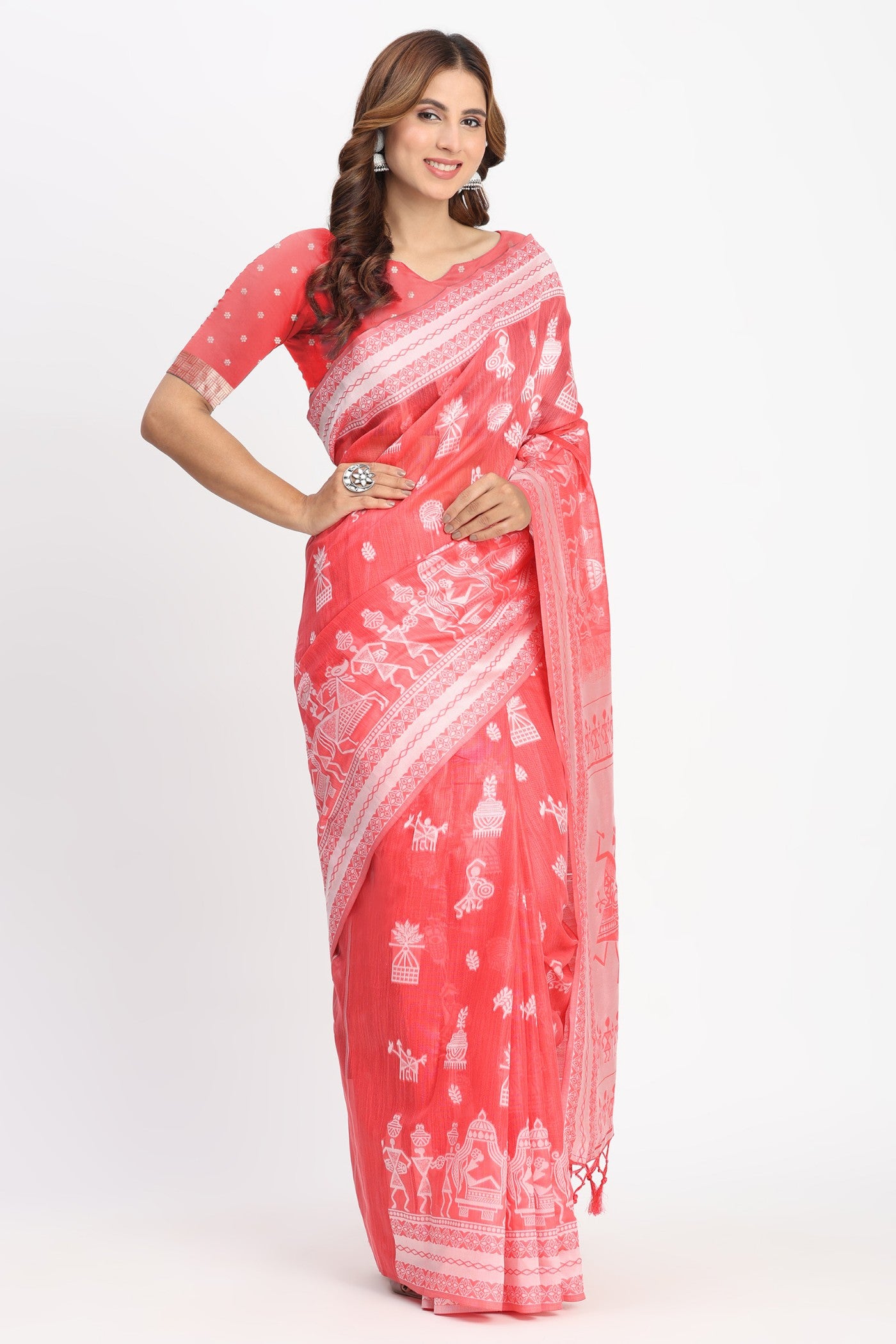 Buy MySilkLove Basin Peach Woven Linen Cotton Saree Online