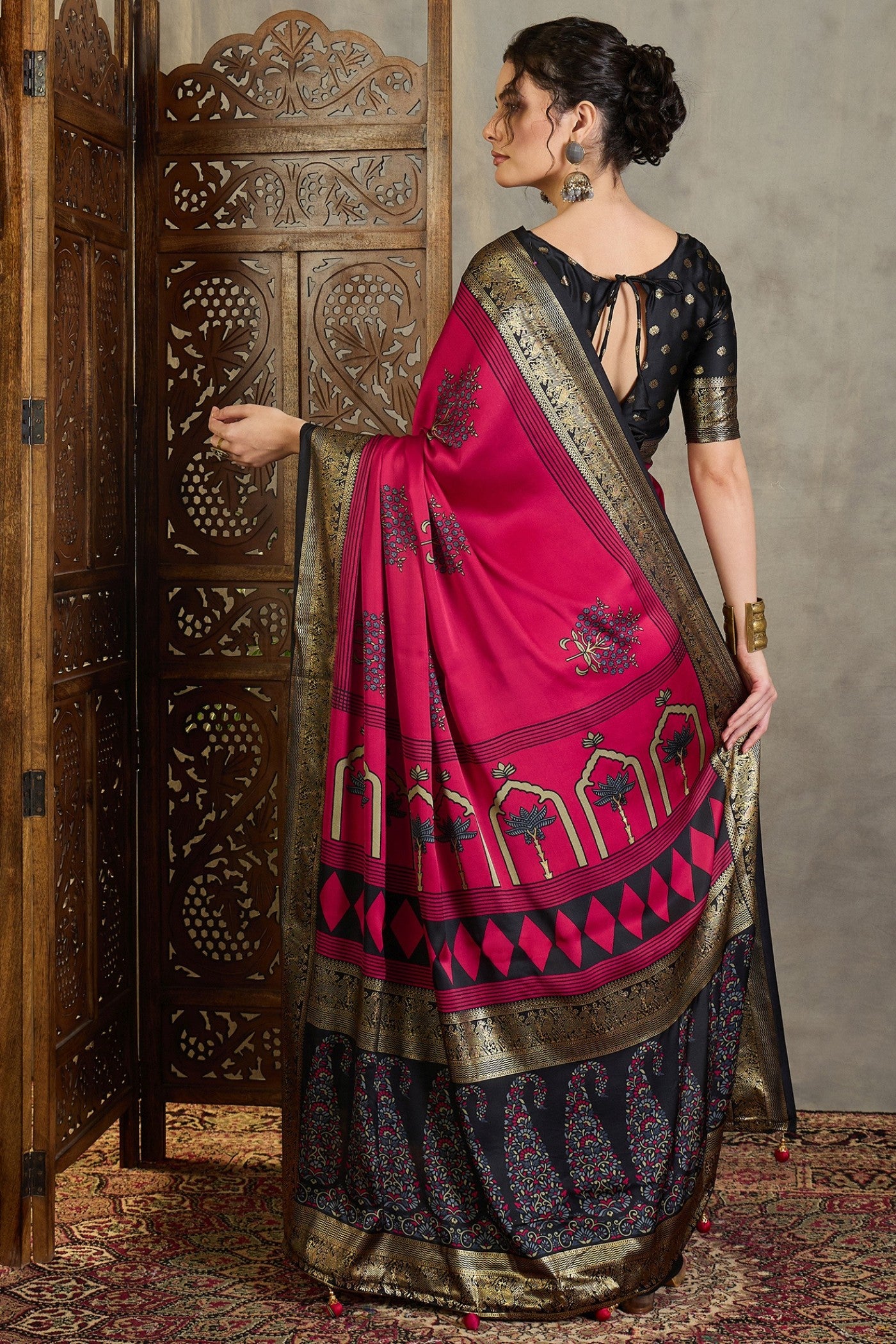 Buy MySilkLove Auburn Red and Black Printed Satin Crepe Silk Saree Online