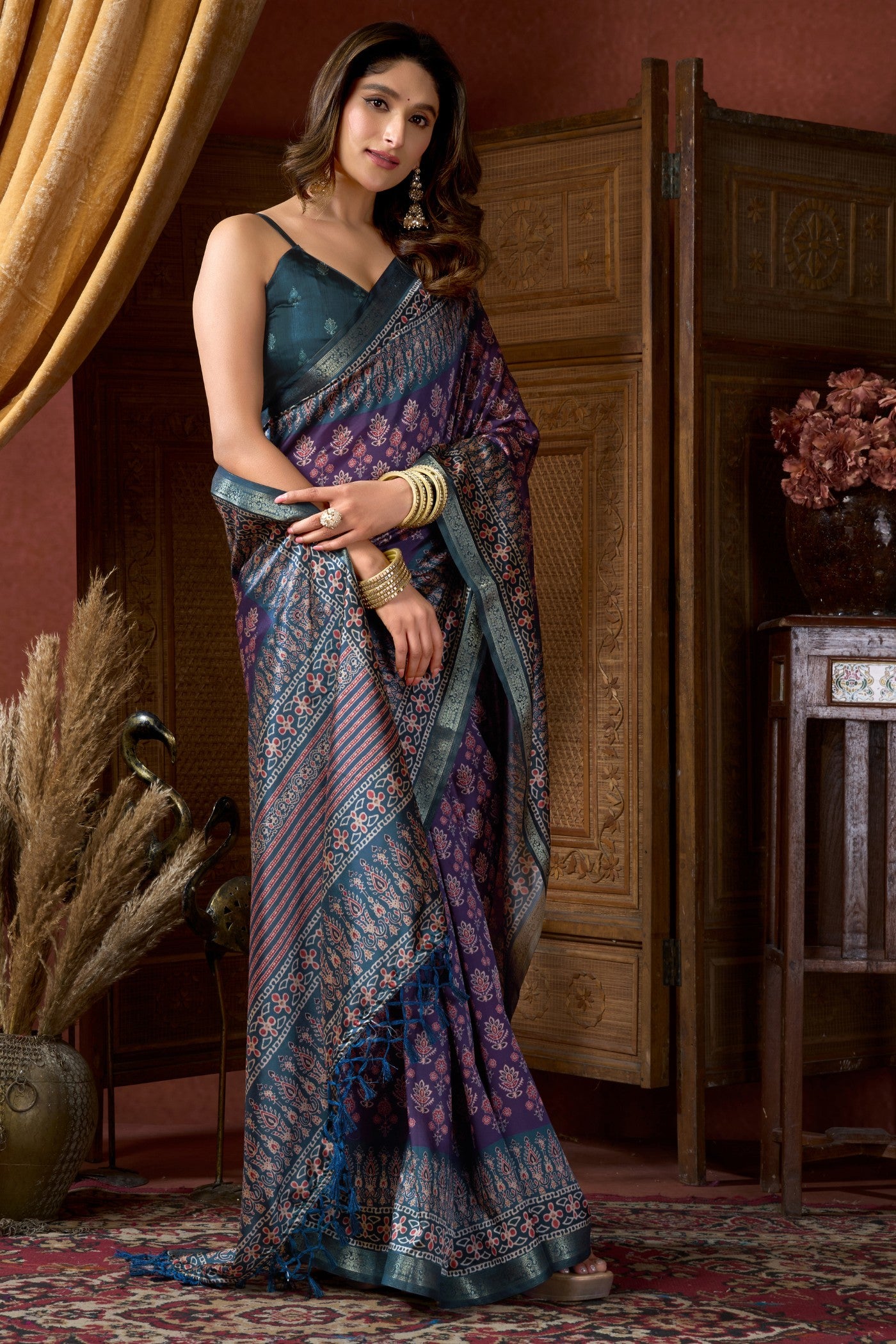 Buy MySilkLove Liseran Purple Ajrakh Printed Saree Online