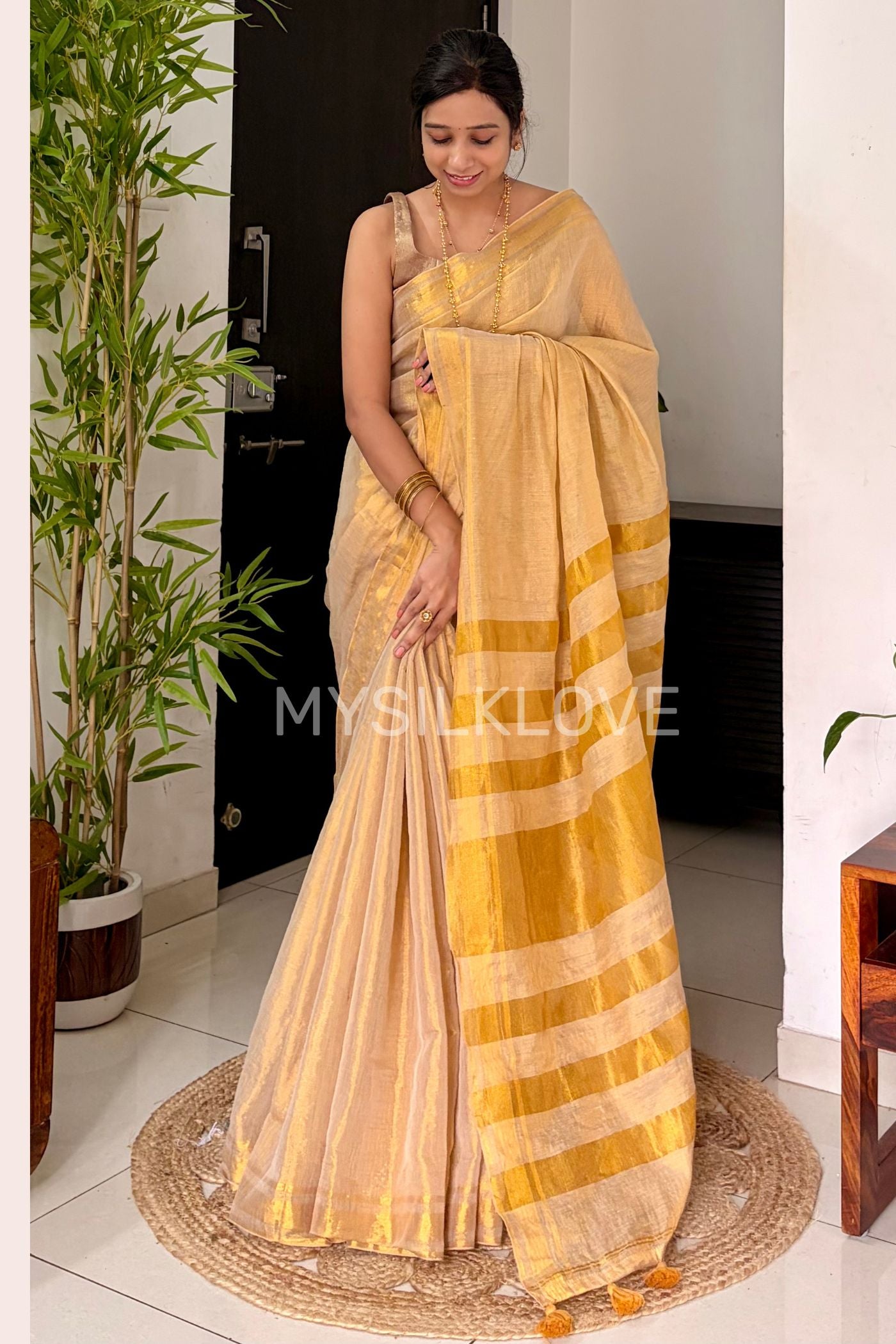 Buy MySilkLove Butter Cream Tissue Woven Silk Saree Online