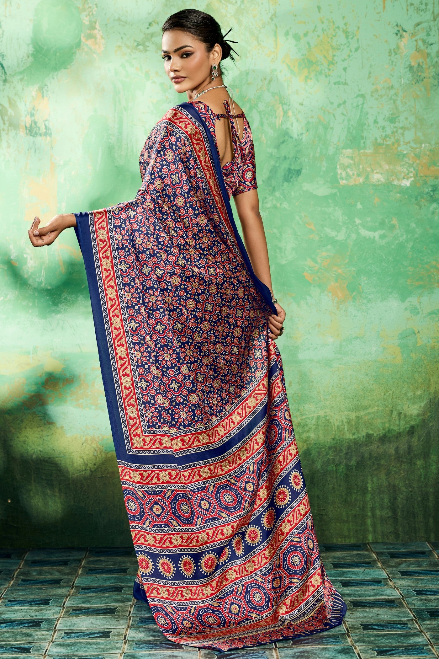 Buy MySilkLove Crystal Blue Modal Ajrakh Satin Printed Silk Saree Online