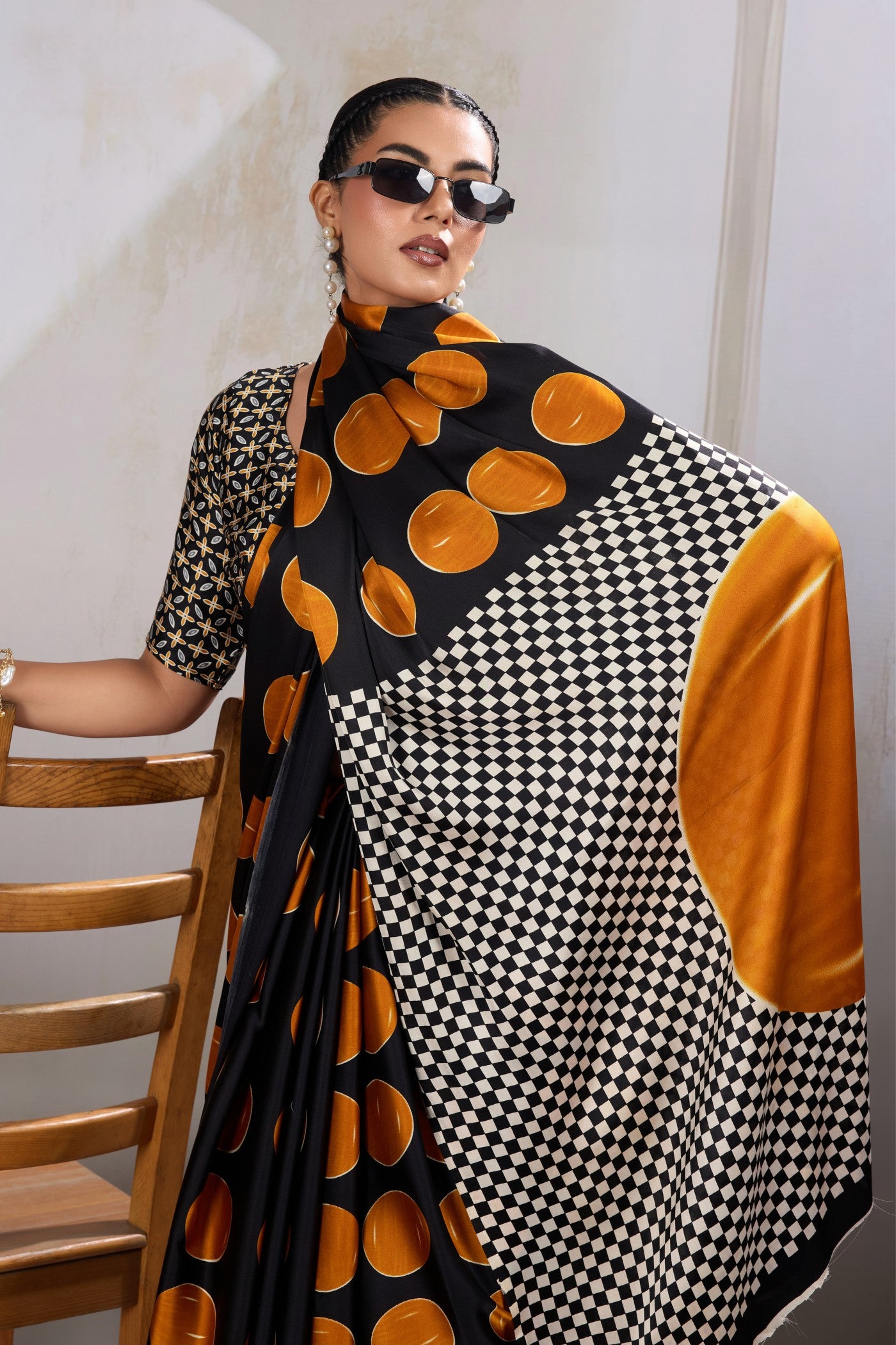 MySilkLove Apricot Orange and Black Printed Polka Dots Satin Crepe Saree