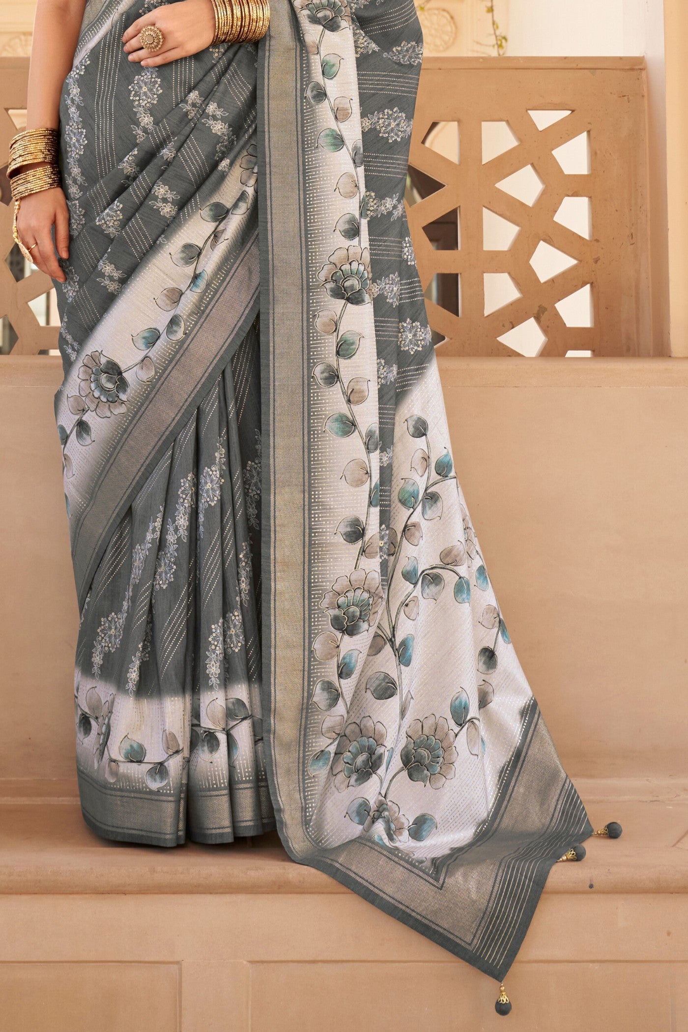 Buy MySilkLove Ironside Grey Floral Printed Banarasi Saree Online