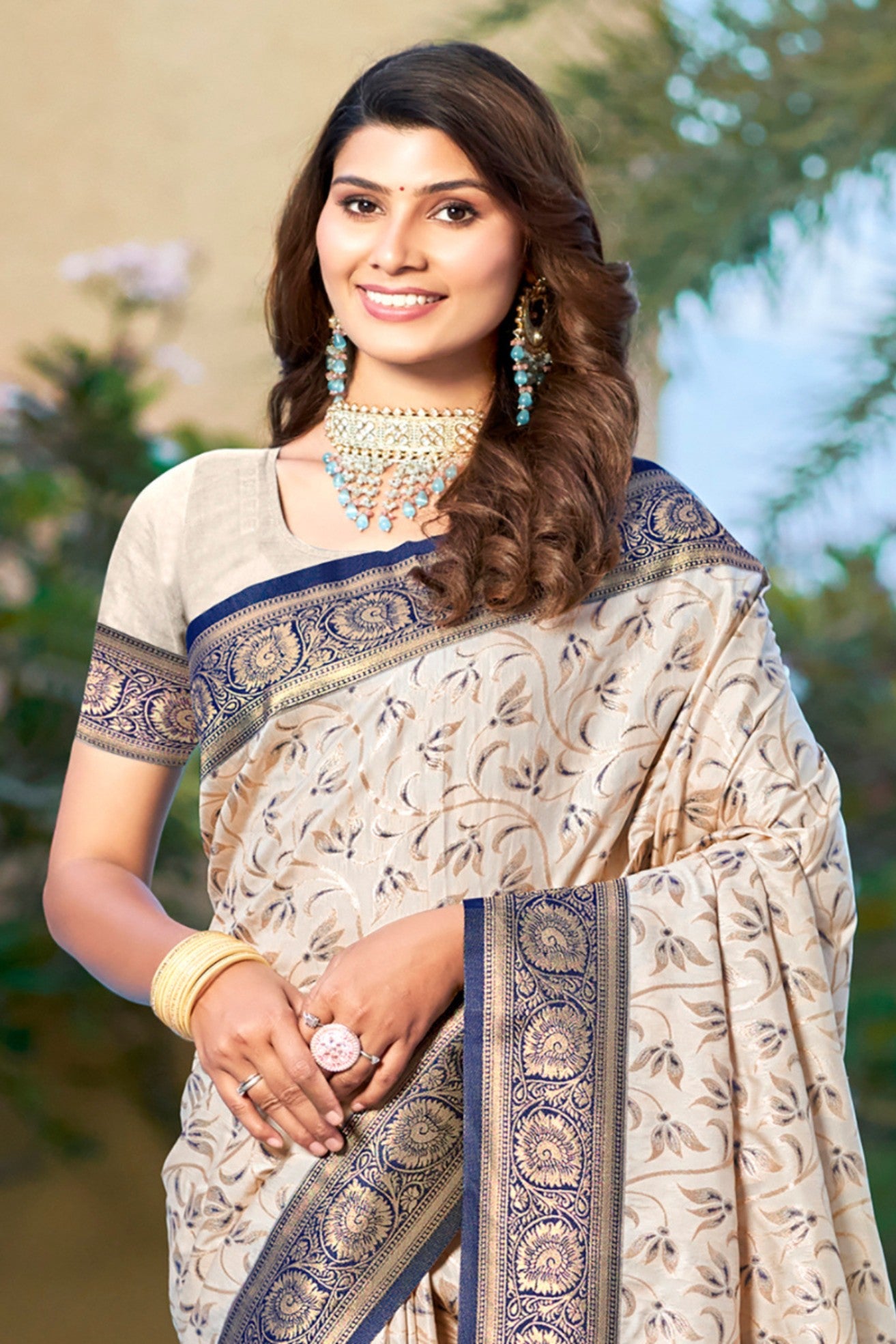 Buy MySilkLove Coffee Cream and Blue Woven Banarasi Saree Online