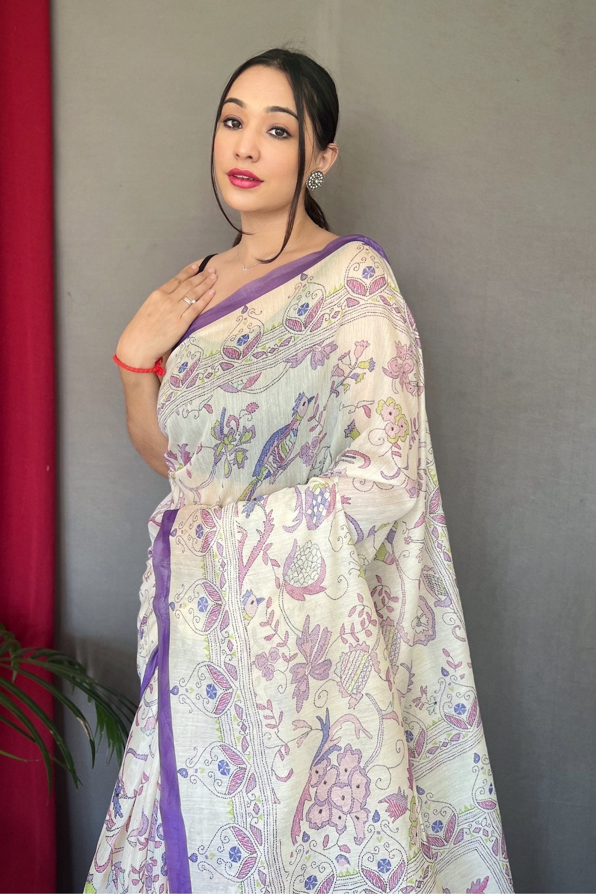 Buy MySilkLove Lily Purple and White Printed Cotton Saree Online