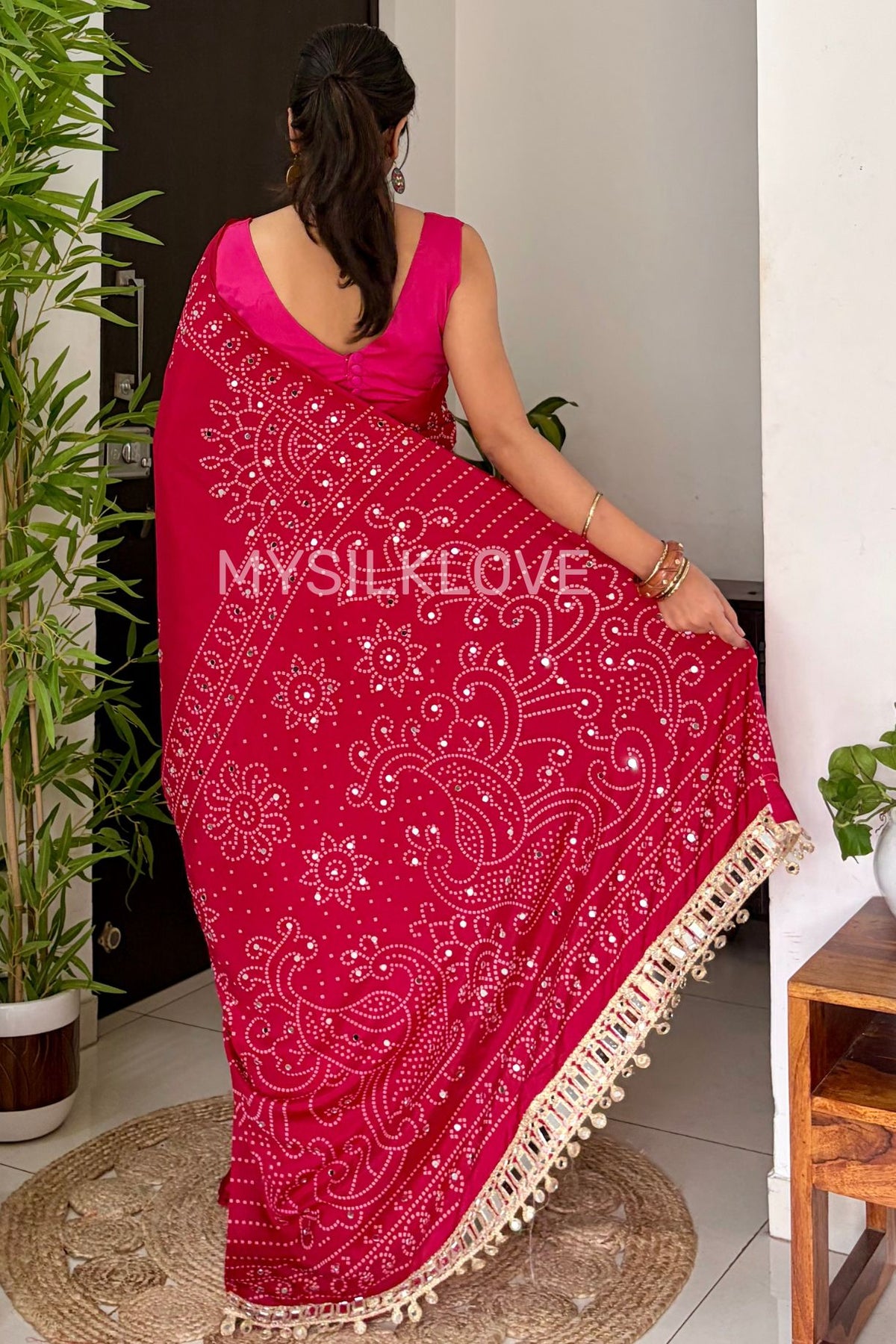 Buy MySilkLove Punch Pink Bandhani Gaji Satin Mirror Work Silk Crepe Saree Online