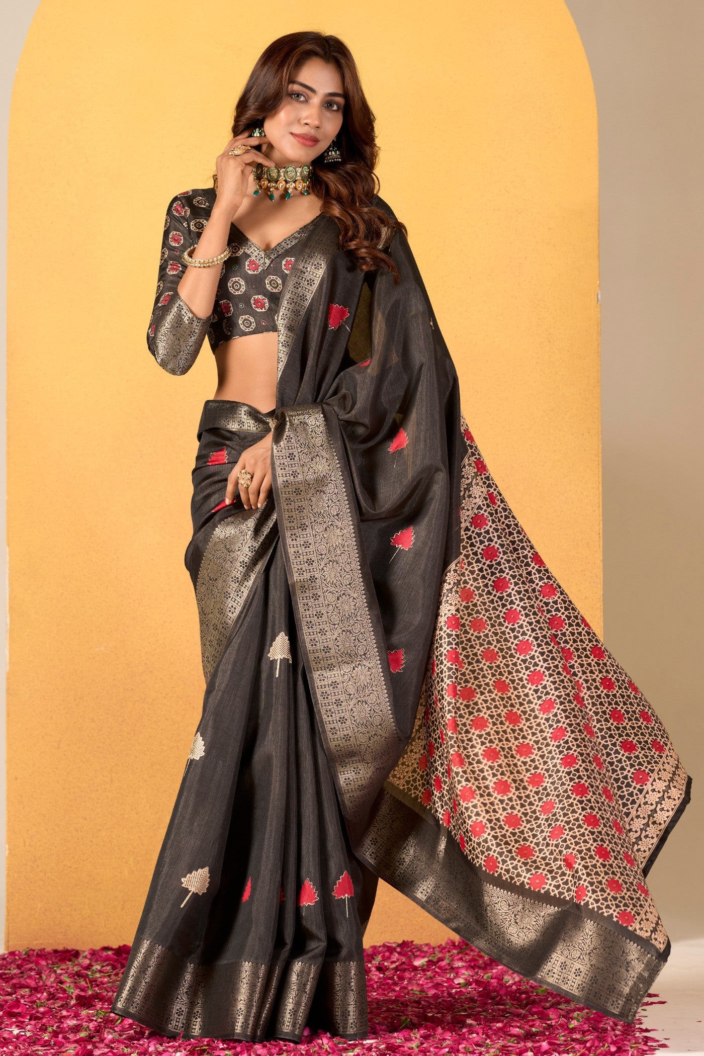 Buy MySilkLove Slate Black Woven Dola Silk Saree Online