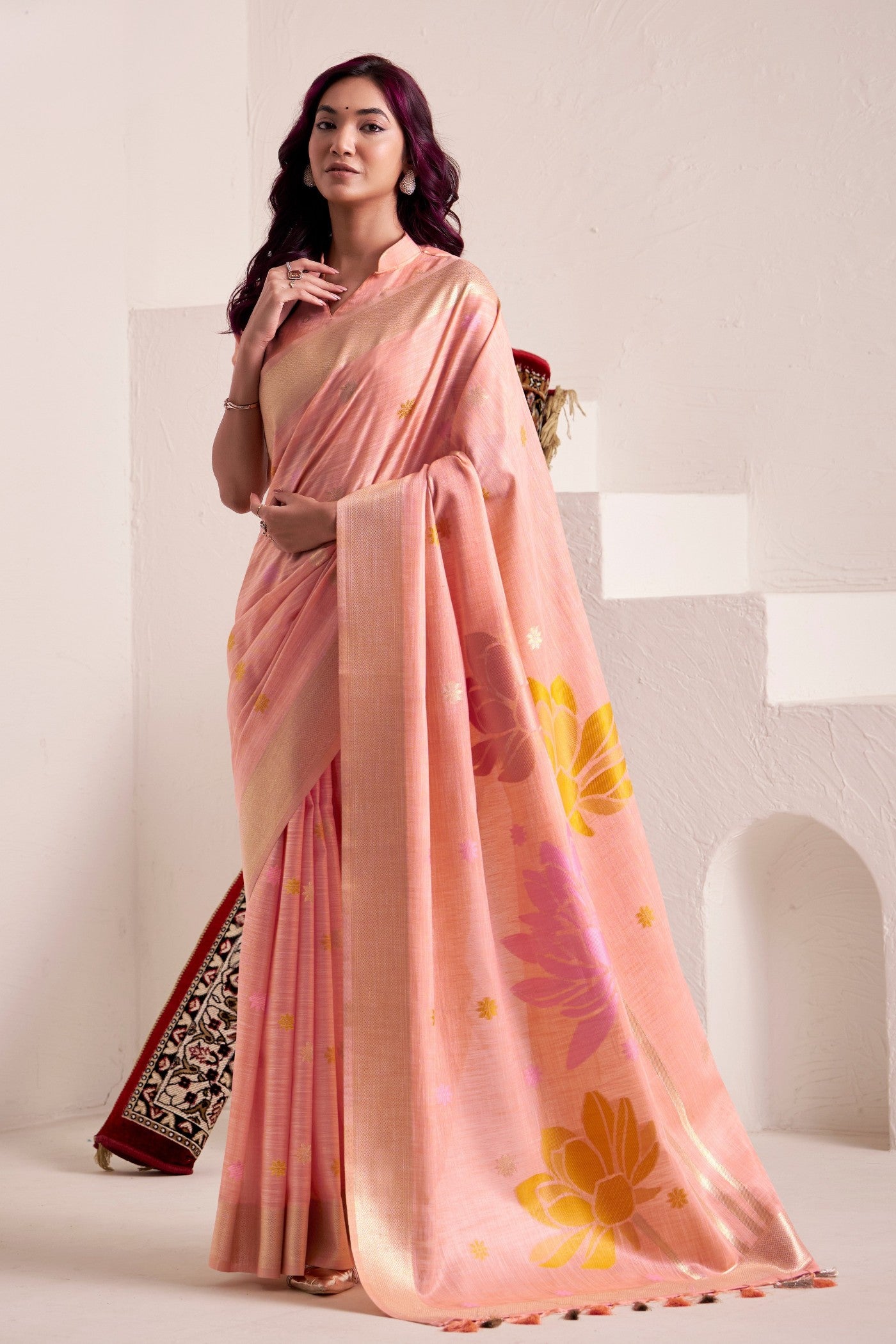 Buy MySilkLove Melon Peach Woven Linen Saree Online