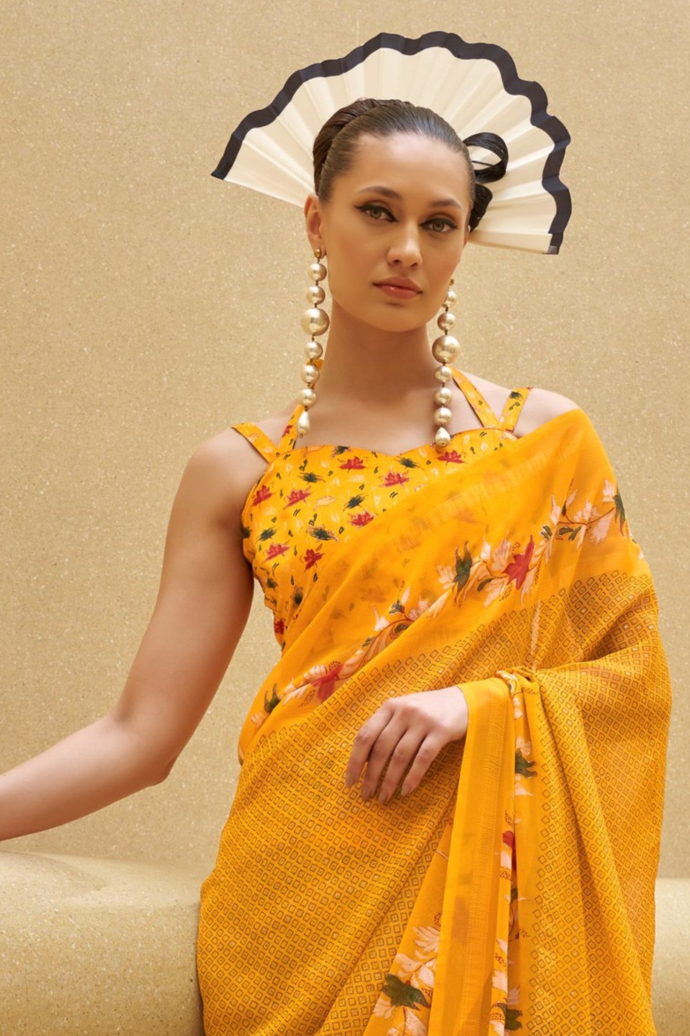 Buy MySilkLove Tulip Yellow Georgette Printed Saree Online