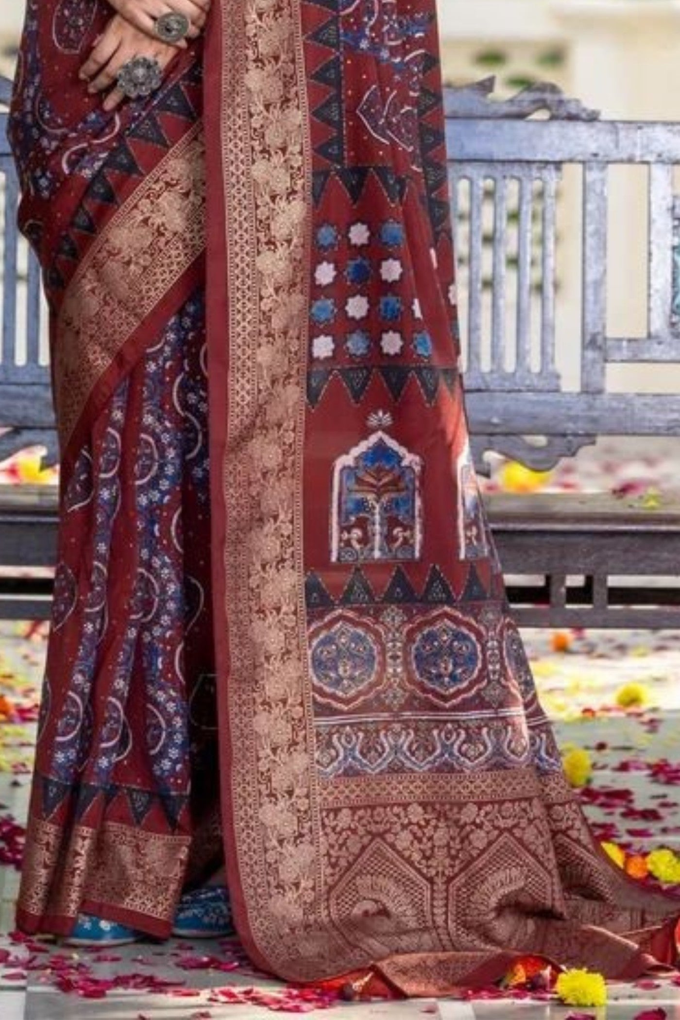 Buy MySilkLove Walnut Brown Ajrakh Digital Printed Satin Saree Online