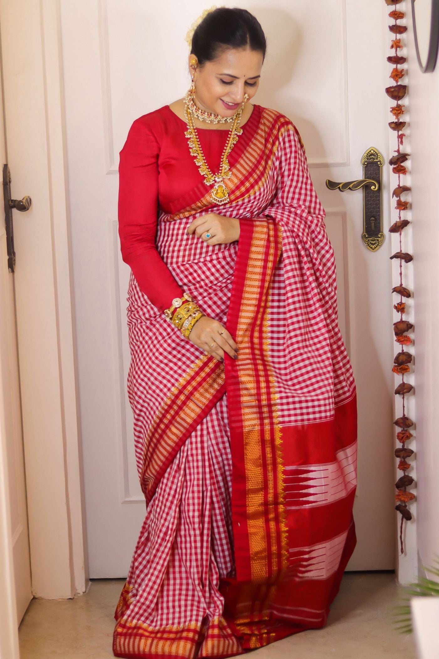 Buy MySilkLove Cherry Red Checks Pattern Pure Silk Irkal Saree Online