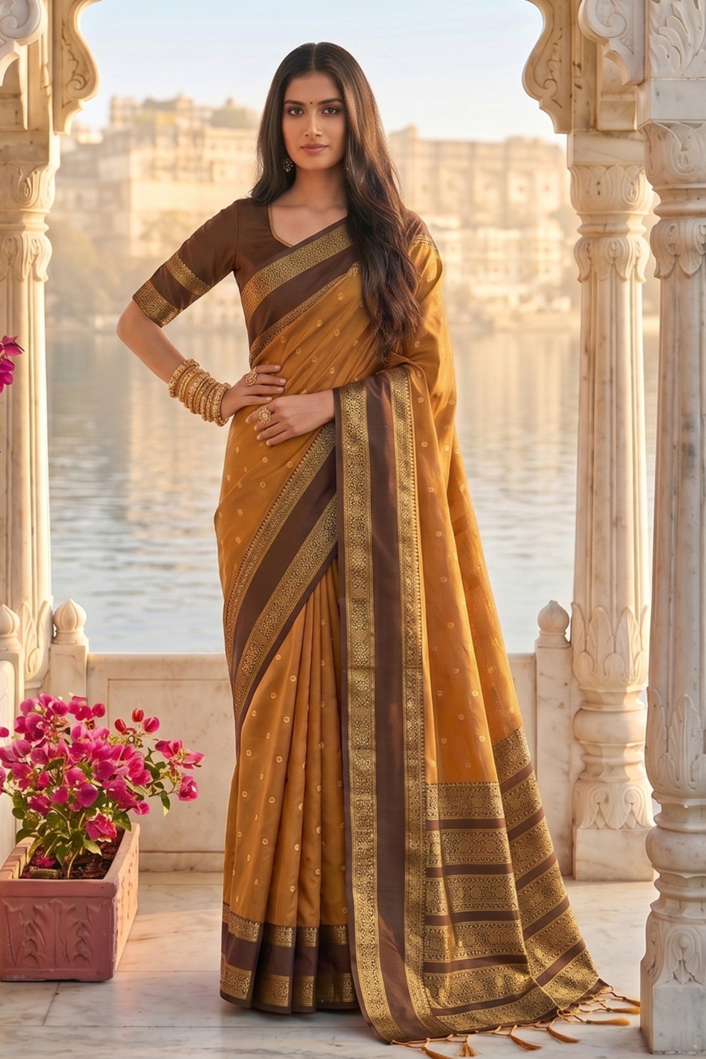 Buy MySilkLove Gold Yellow Woven Banarasi Saree Online